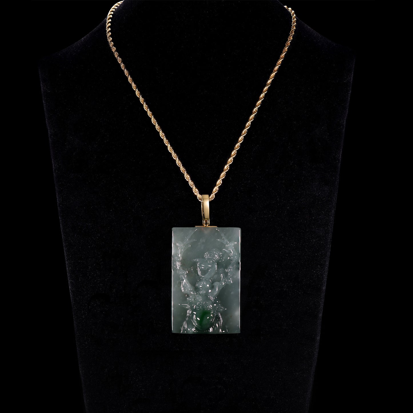 Natural Icy Jadeite Zhong Kui Tablet Pendant | Natural Green Splash | 18K Gold Bail - Grade A Natural Jade Jewelry