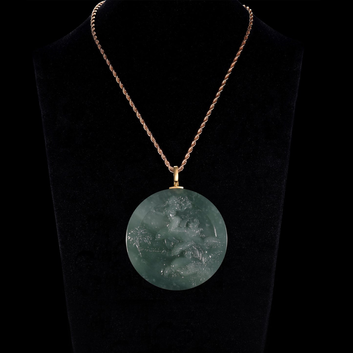 Natural Icy Jadeite Double-Sided Round Disc Pendant | Monkey & Bamboo / Dragon & Landscape | S925 Gold Bail - Grade A Natural Jade Jewelry
