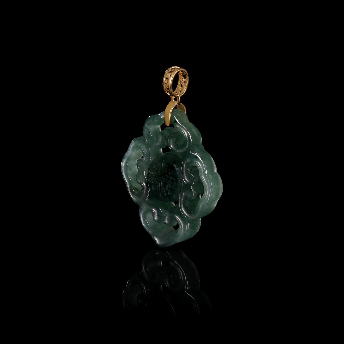 Natural Dark Green Jadeite Ruyi Cloud Scroll Pendant | Shou Longevity Seal | 18K Gold Filigree Bail - Grade A Natural Jade Jewelry