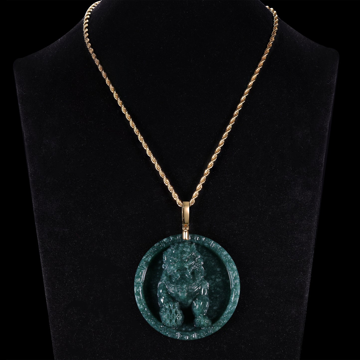 Natural Dark Green Jadeite Pixiu Round Disc Pendant | S925 Gold Bail - Grade A Natural Jade Jewelry