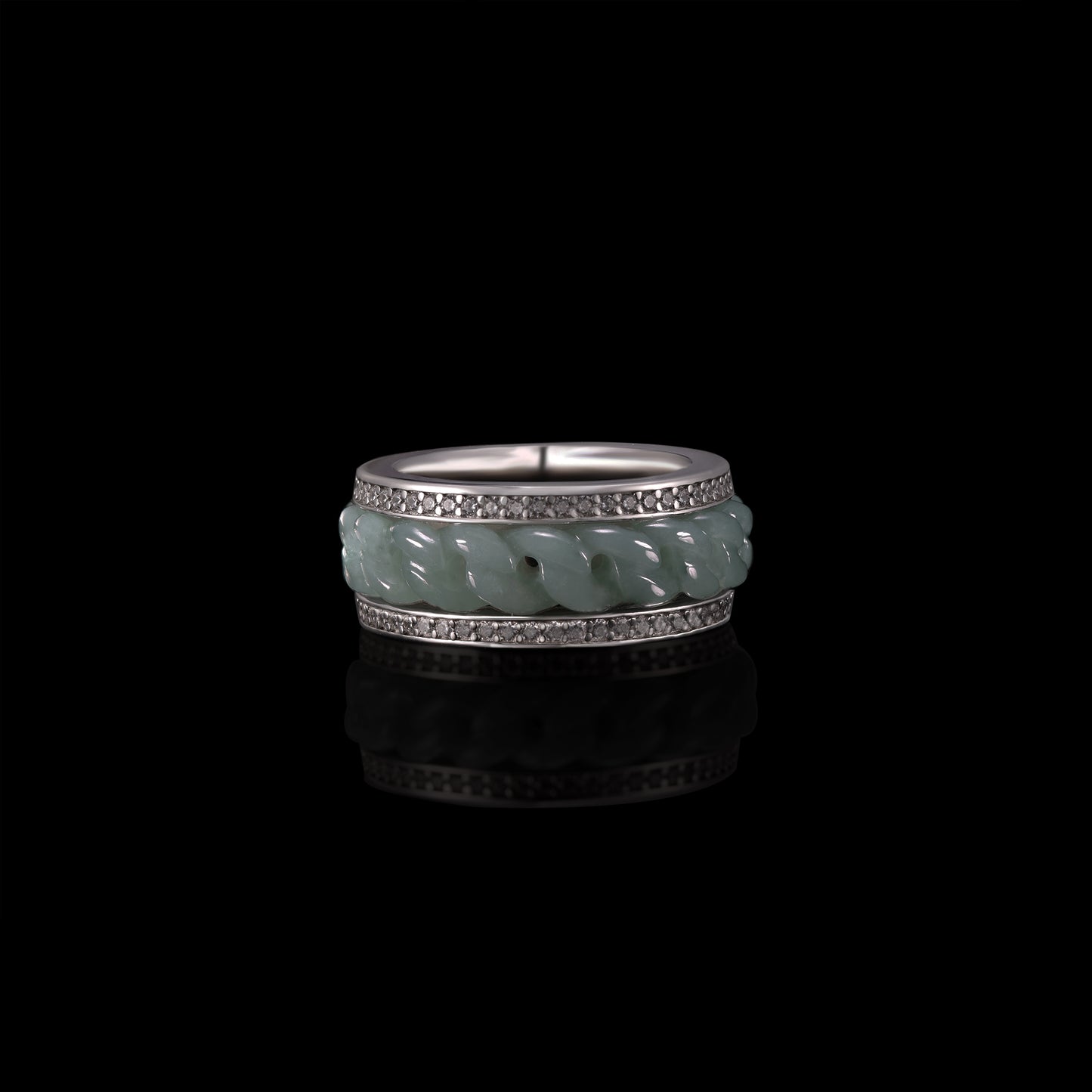Jade & Diamond Pavé Chain-Carved Wide Band Ring - Grade A Natural Jade Jewelry