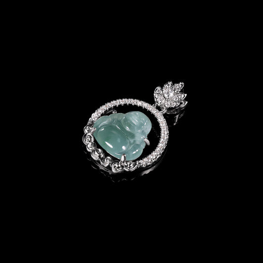 Natural Jadeite Laughing Buddha Pendant | 天然翡翠弥勒佛镶银吊坠 - Certified Grade A jade pendant from Jadelume