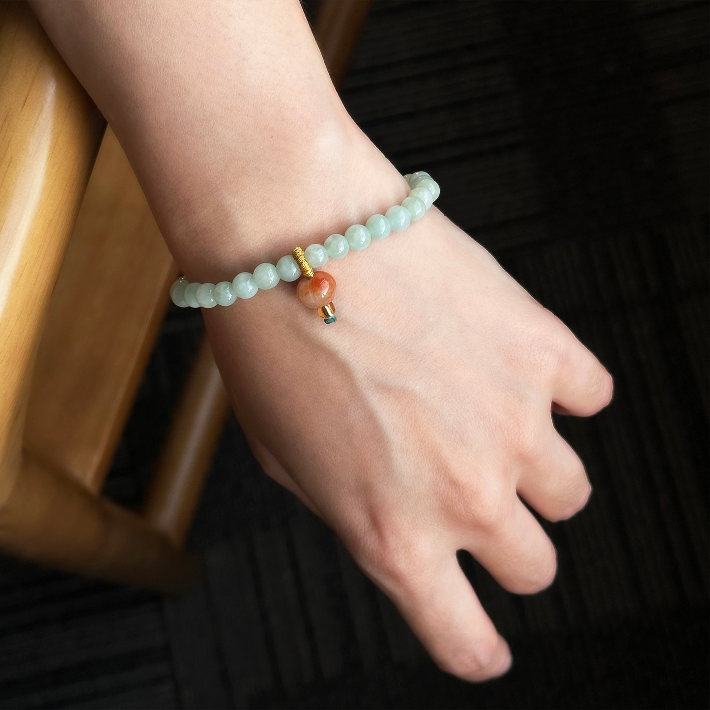 Bracelet8 Green Jade Beaded Bracelet with Gold Accent Charm