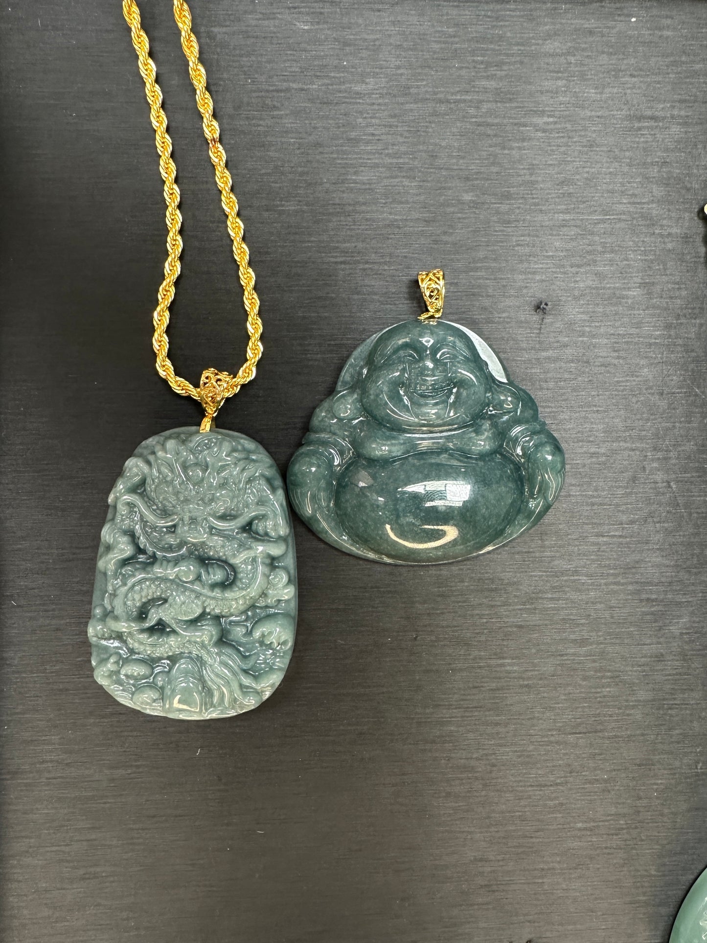 Jade Dragon & Laughing Buddha Pendant Set
