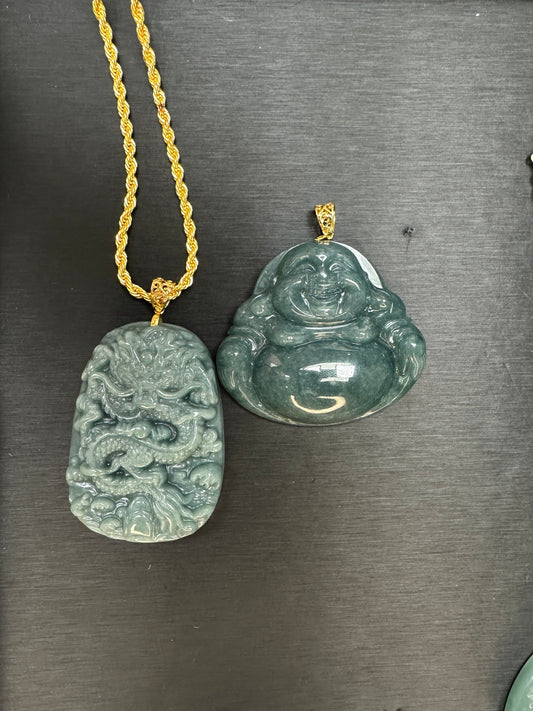 Jade Dragon & Laughing Buddha Pendant Set
