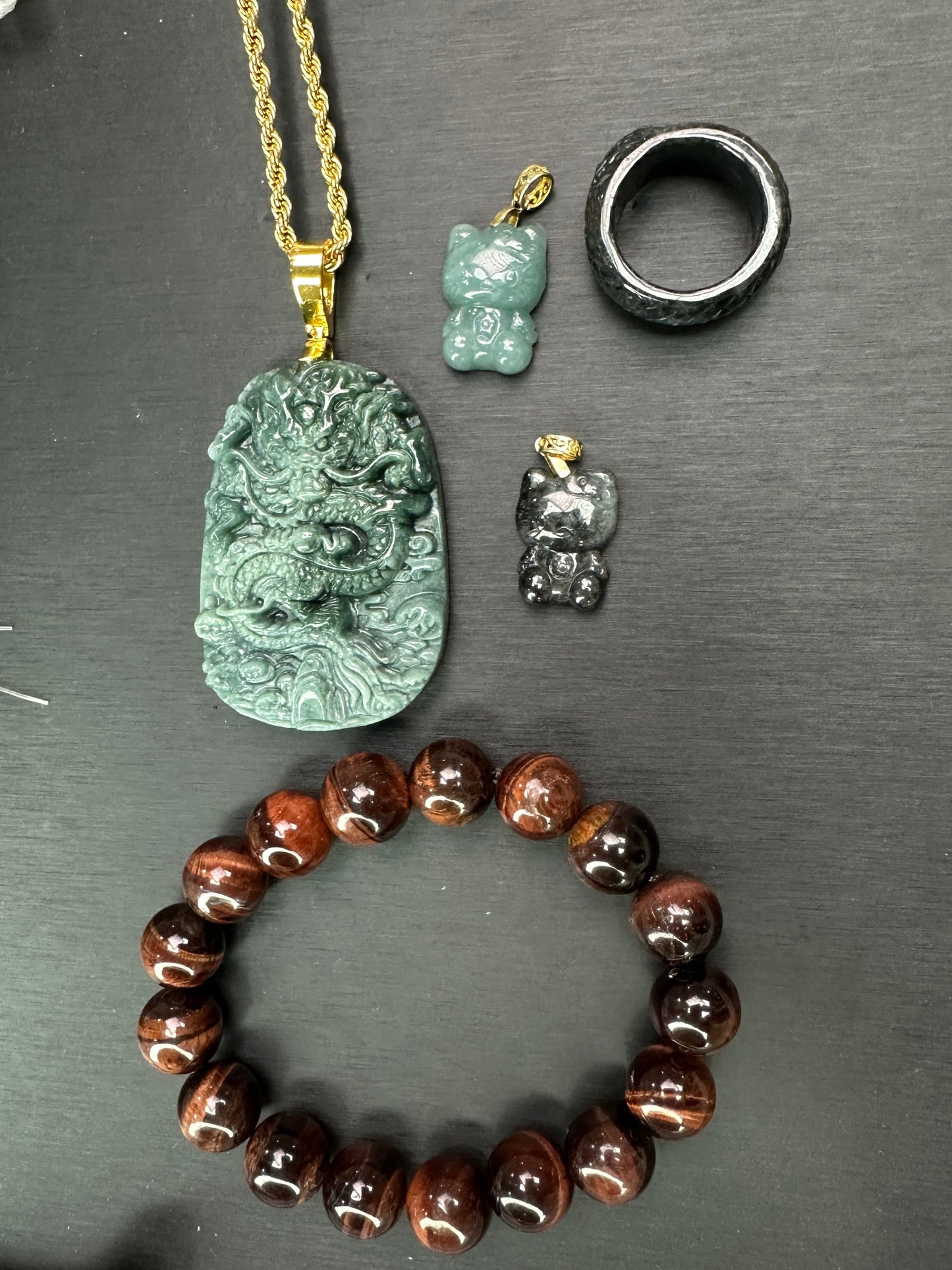 Livestream Order - Jade Dragon Pendant (Big Clasp) & 2Happy kitty one dragon ring