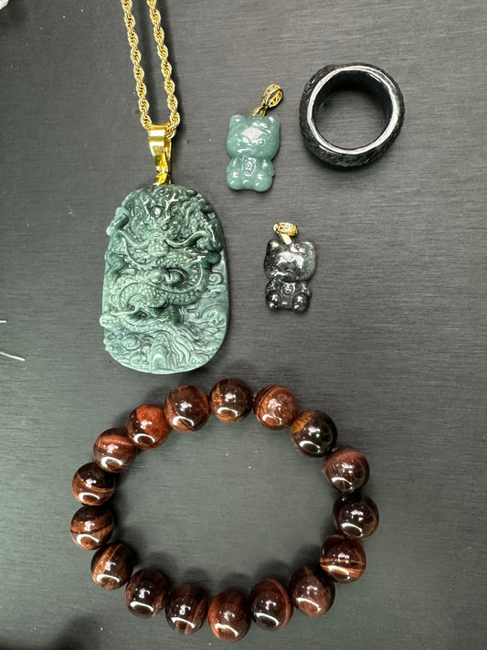 Livestream Order - Jade Dragon Pendant (Big Clasp) & 2Happy kitty one dragon ring