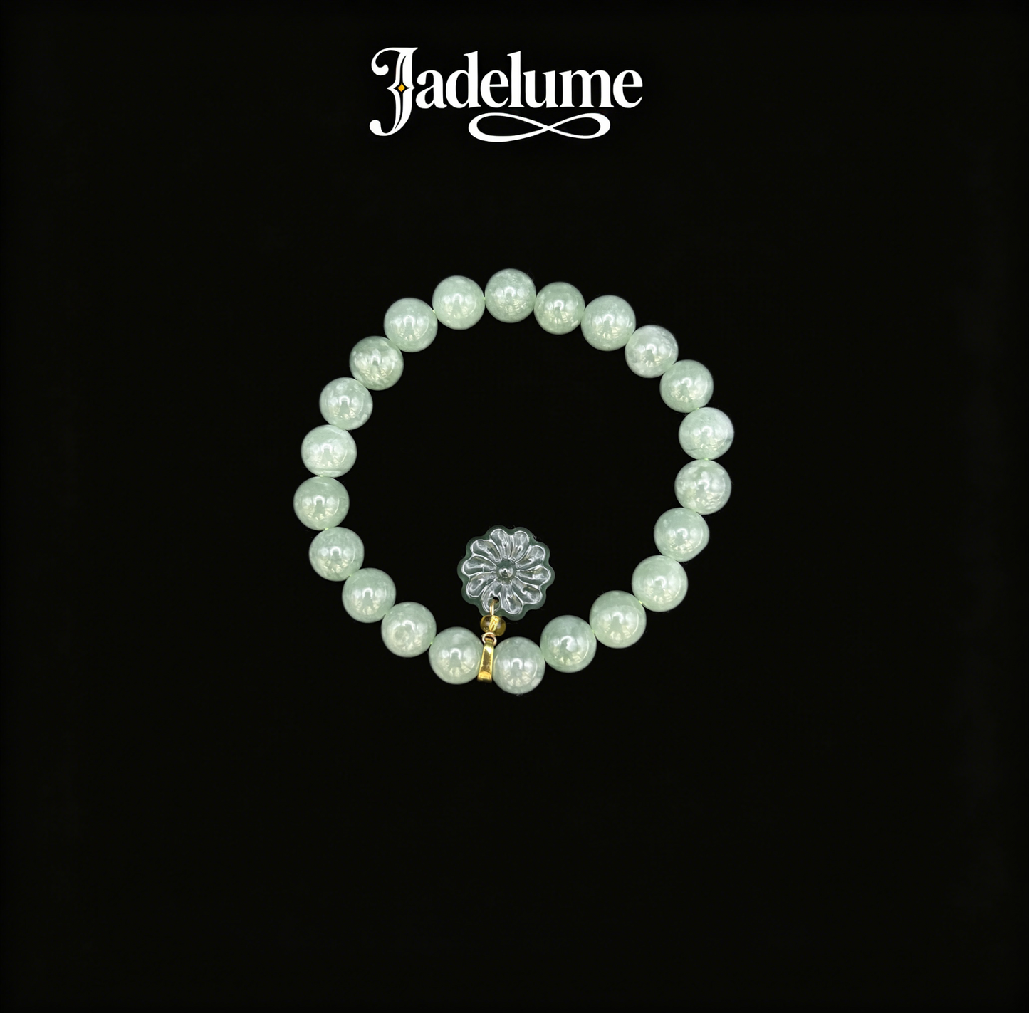White Jade Round Bead Bracelet with Floral Jade Charm - Grade A Natural Jade Jewelry