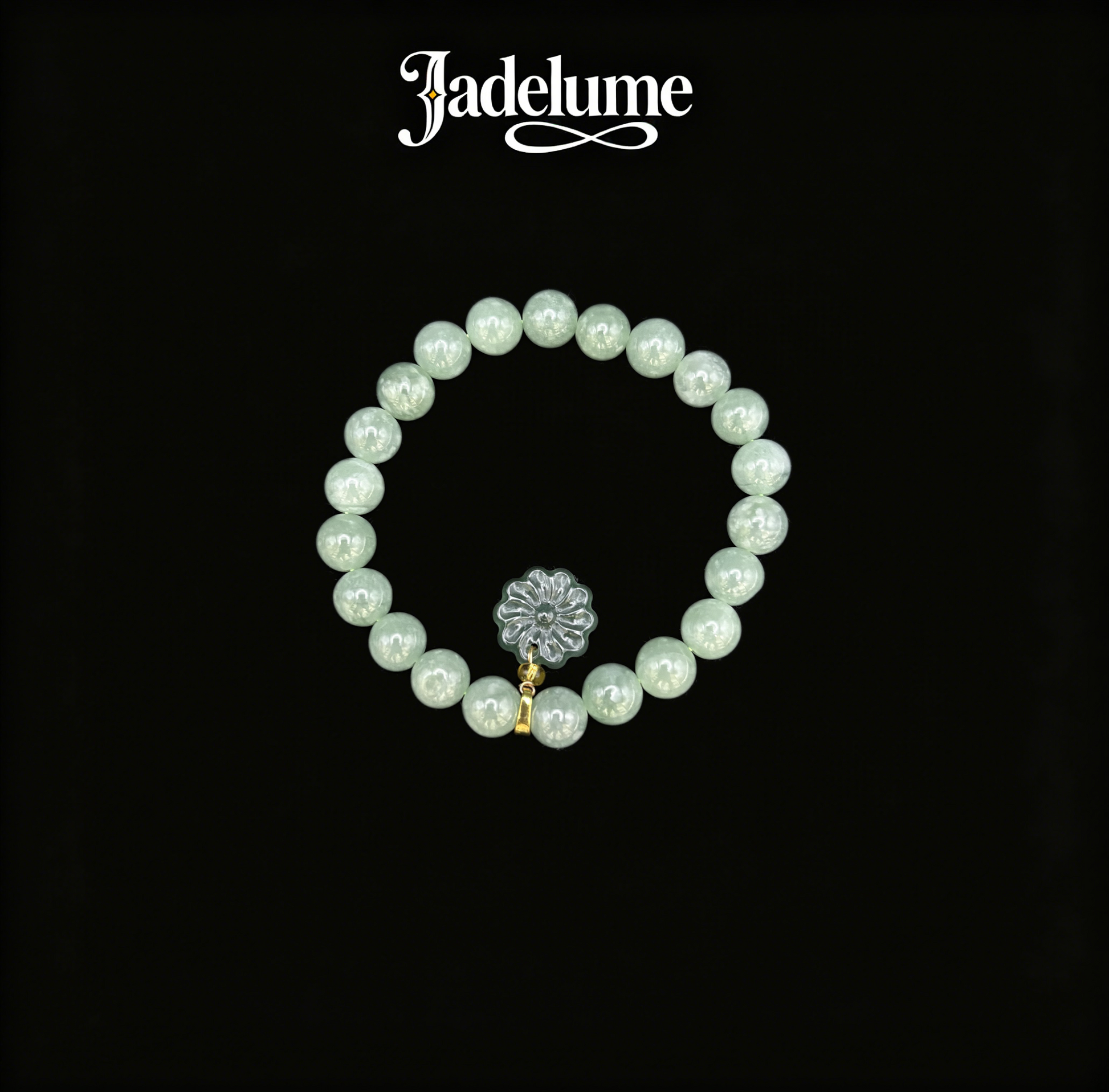 White Jade Round Bead Bracelet with Floral Jade Charm - Grade A Natural Jade Jewelry
