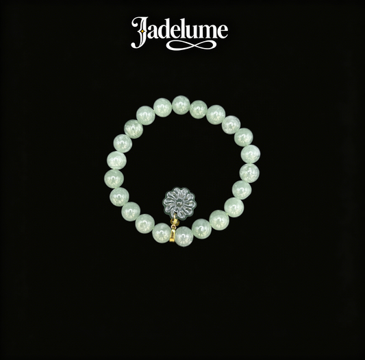 White Jade Round Bead Bracelet with Floral Jade Charm - Grade A Natural Jade Jewelry