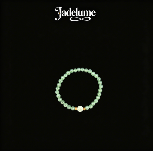 Green Jade Bead Bracelet with White Jade Coin & Gold Accents - Grade A Natural Jade Jewelry