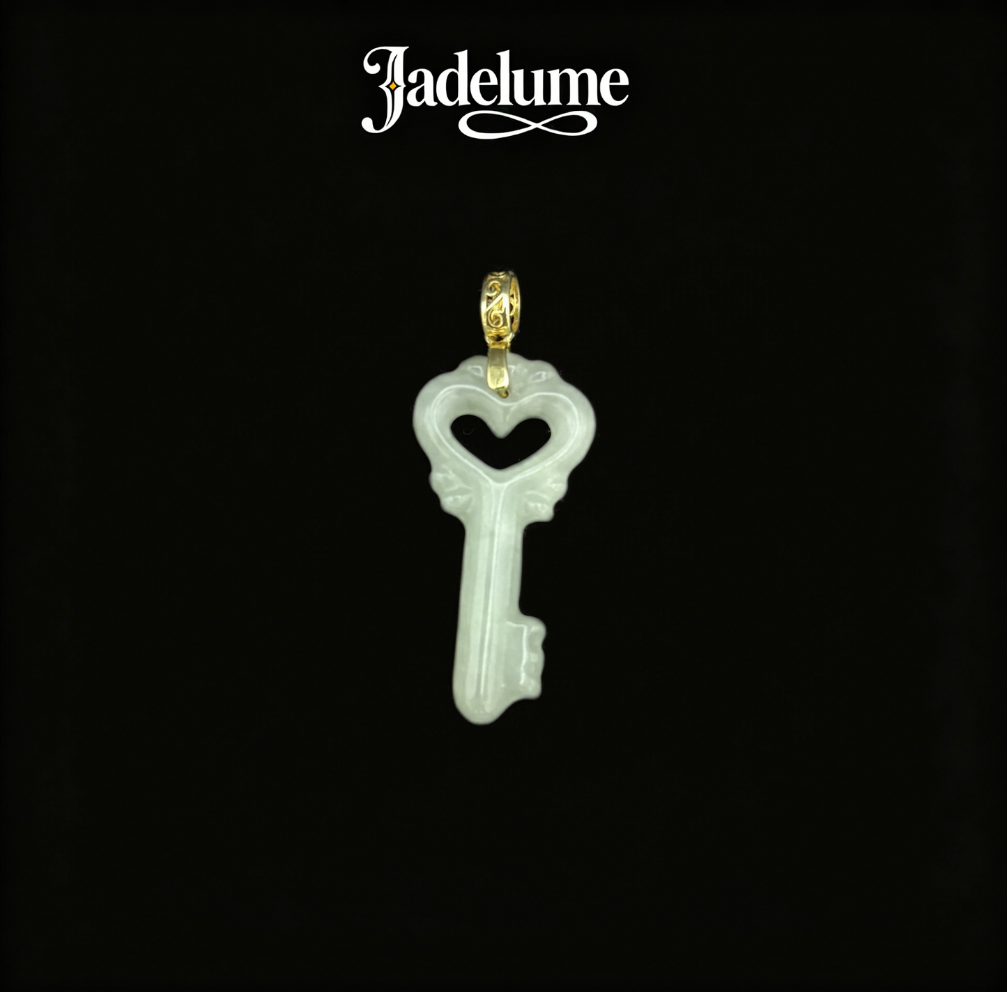 White Jade Heart Key Pendant with Gold Bail - Grade A Natural Jade Jewelry