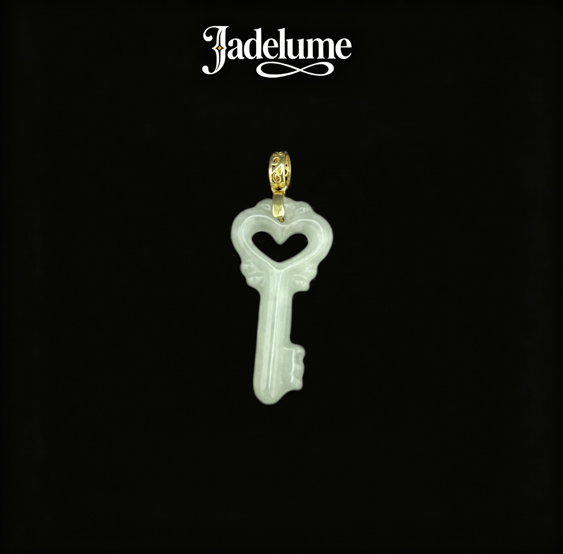 White Jade Heart Key Pendant with Gold Bail - Grade A Natural Jade Jewelry