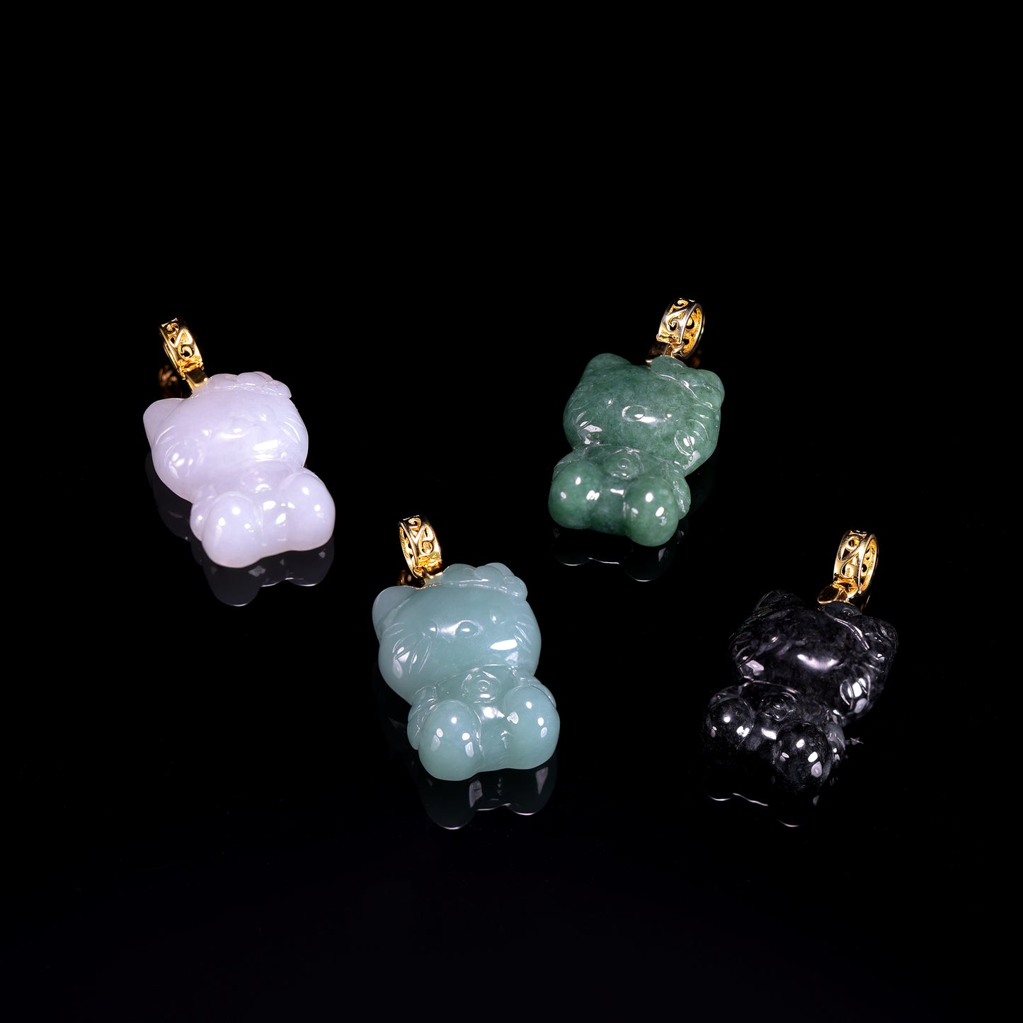 Natural Jadeite Cute Cat Pendant | Multi-Color | S925 Gold Filigree Bail - Grade A Natural Jade Jewelry