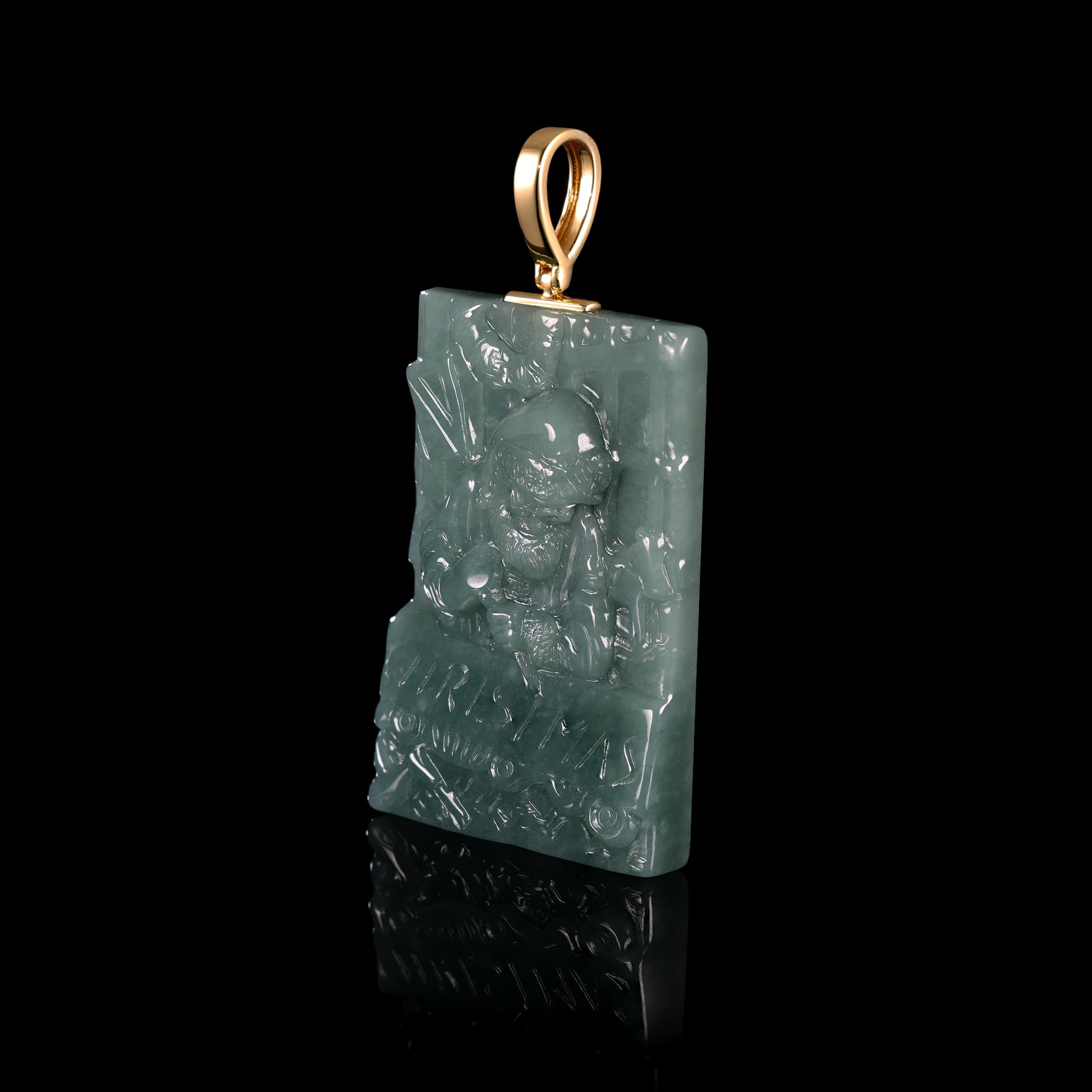 Natural Icy Jadeite Zhong Kui Tablet Pendant | Natural Green Splash | 18K Gold Bail - Certified Grade A jade pendant from Jadelume