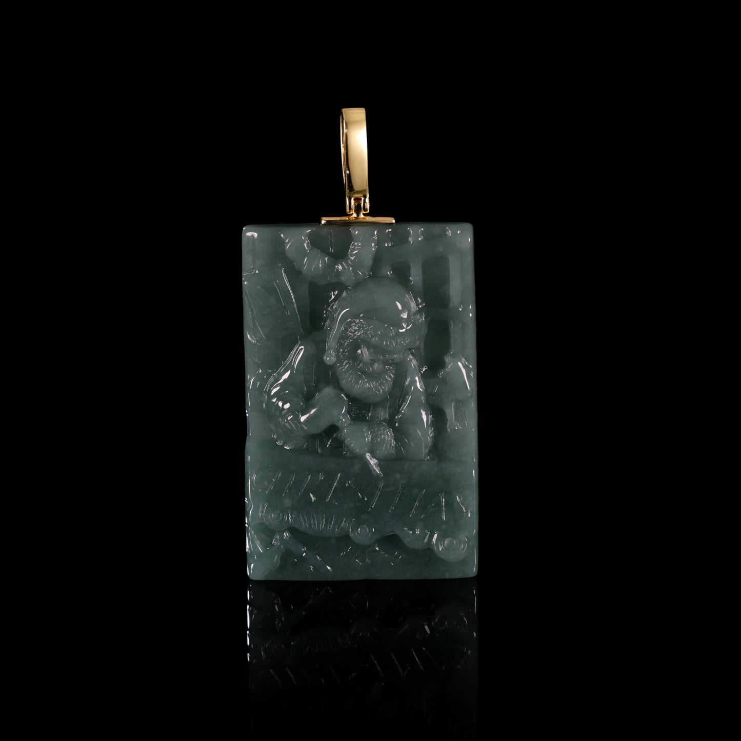 Natural Icy Jadeite Zhong Kui Tablet Pendant | Natural Green Splash | 18K Gold Bail - Grade A Natural Jade Jewelry