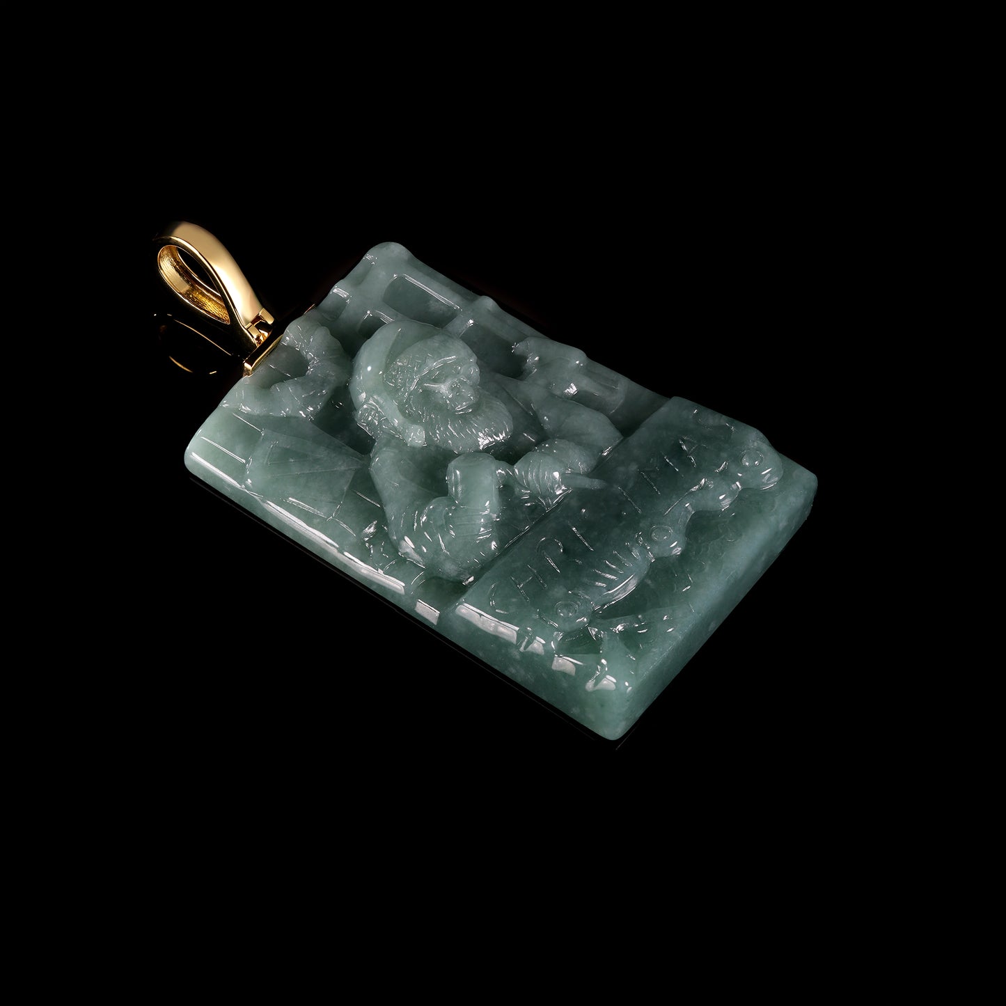 Natural Icy Jadeite Zhong Kui Tablet Pendant | Natural Green Splash | 18K Gold Bail - Grade A Natural Jade Jewelry