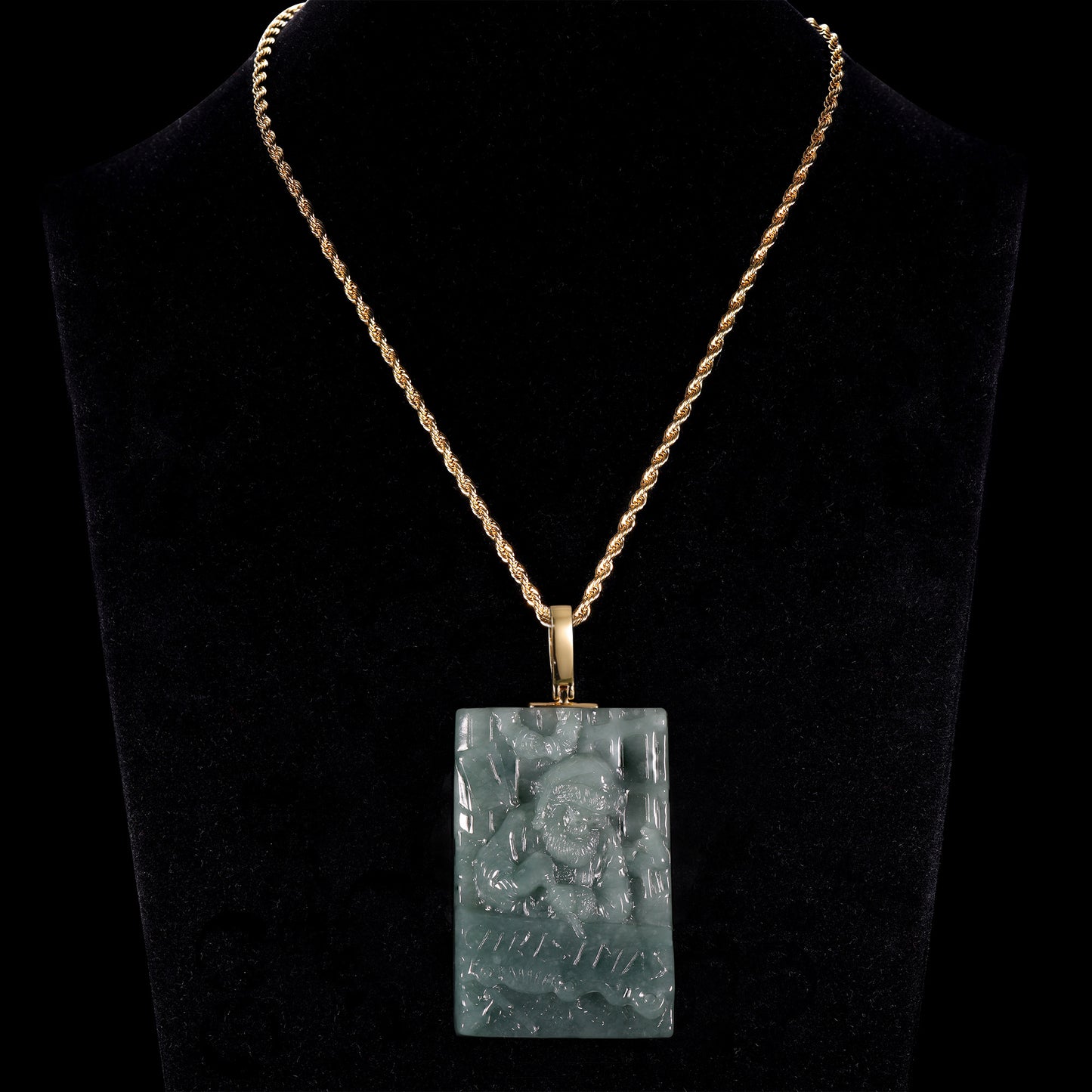 Natural Icy Jadeite Zhong Kui Tablet Pendant | Natural Green Splash | 18K Gold Bail - Grade A Natural Jade Jewelry