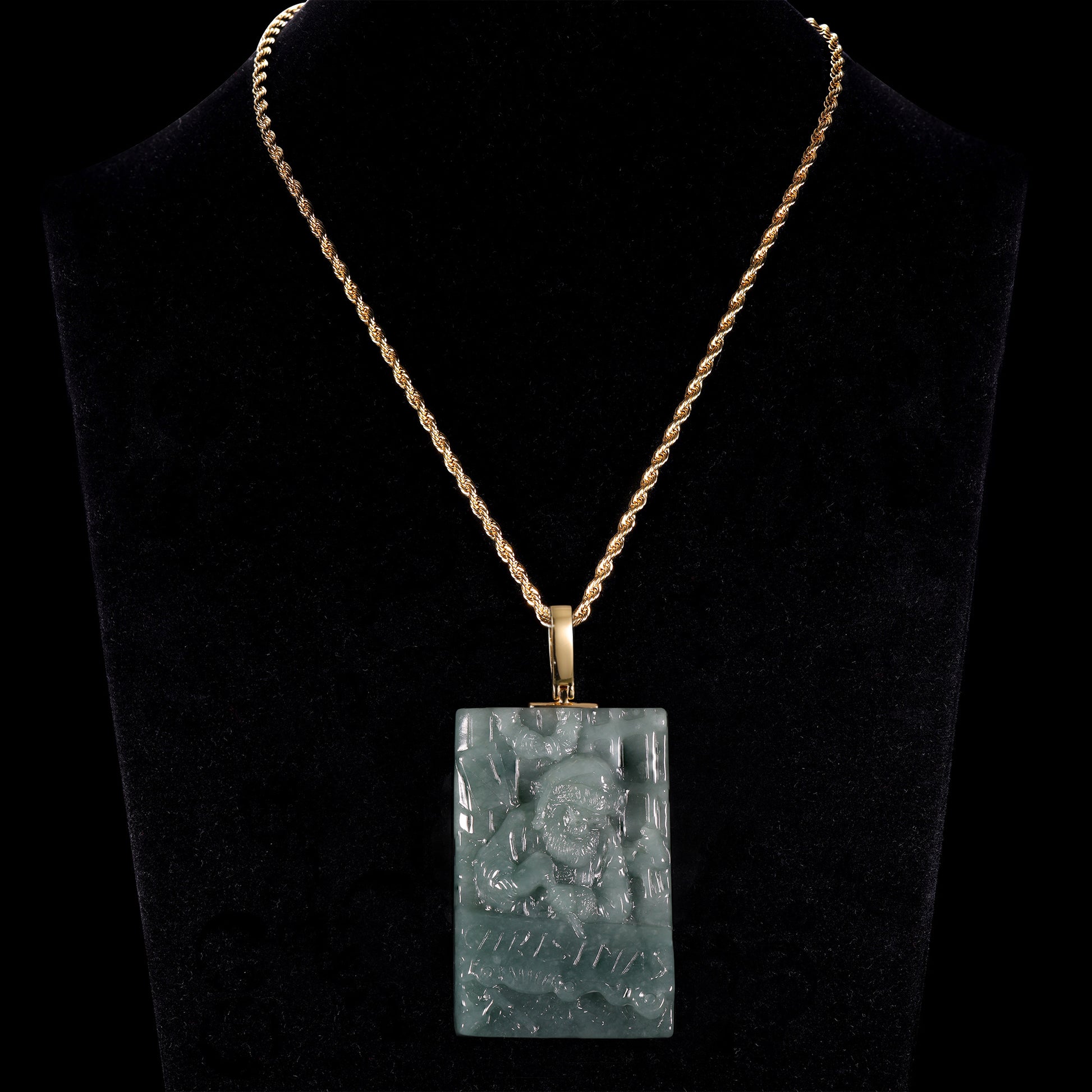Natural Icy Jadeite Zhong Kui Tablet Pendant | Natural Green Splash | 18K Gold Bail - Grade A Natural Jade Jewelry