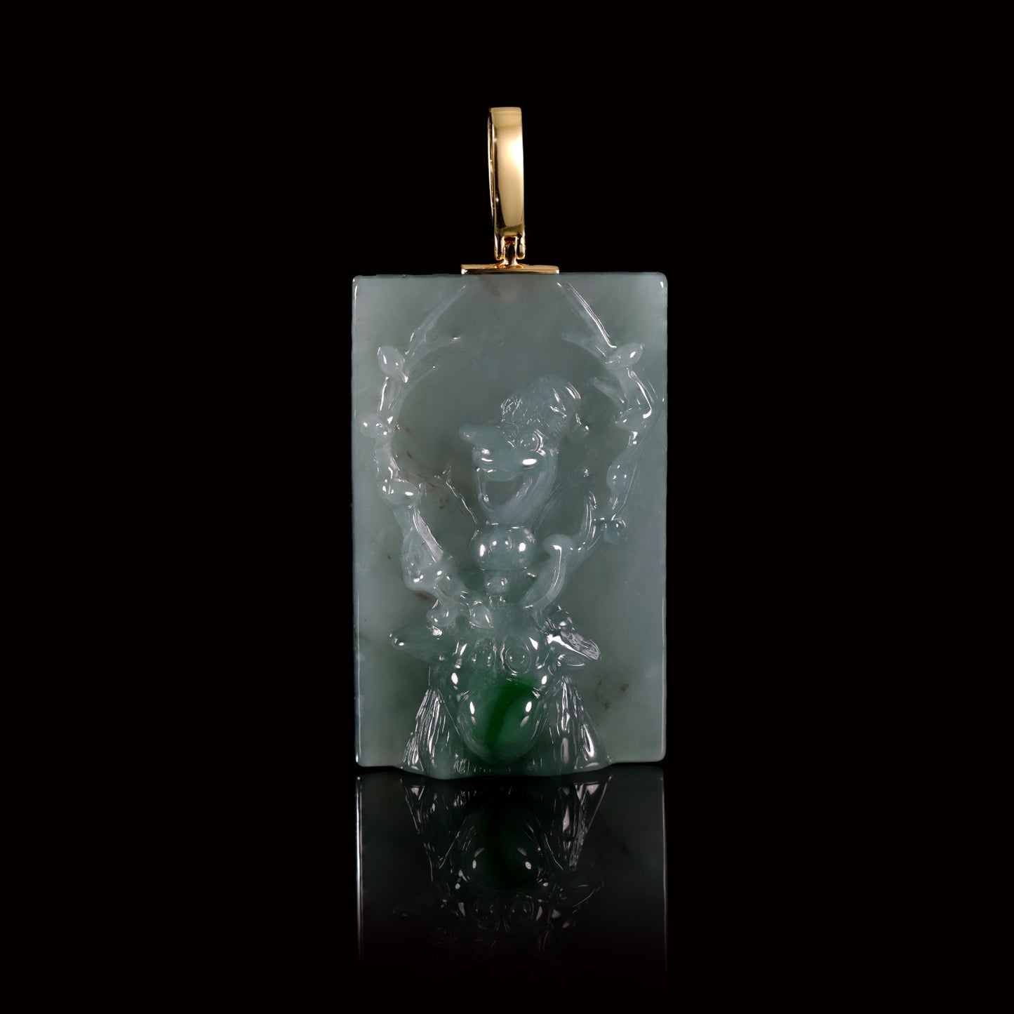 Natural Icy Jadeite Zhong Kui Tablet Pendant | Natural Green Splash | 18K Gold Bail - Grade A Natural Jade Jewelry