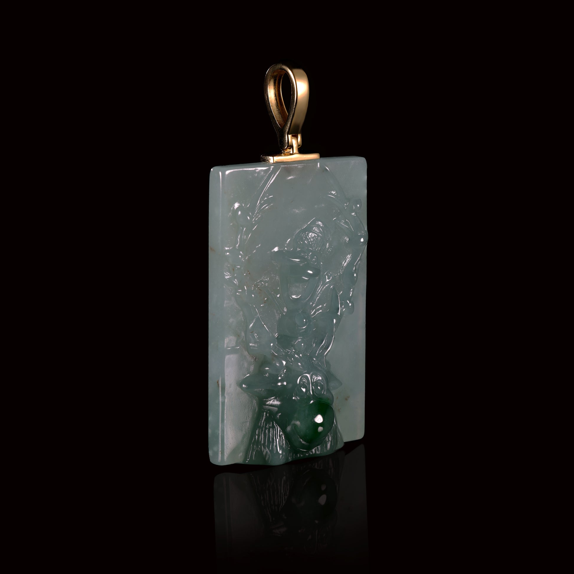 Natural Icy Jadeite Zhong Kui Tablet Pendant | Natural Green Splash | 18K Gold Bail - Grade A Natural Jade Jewelry