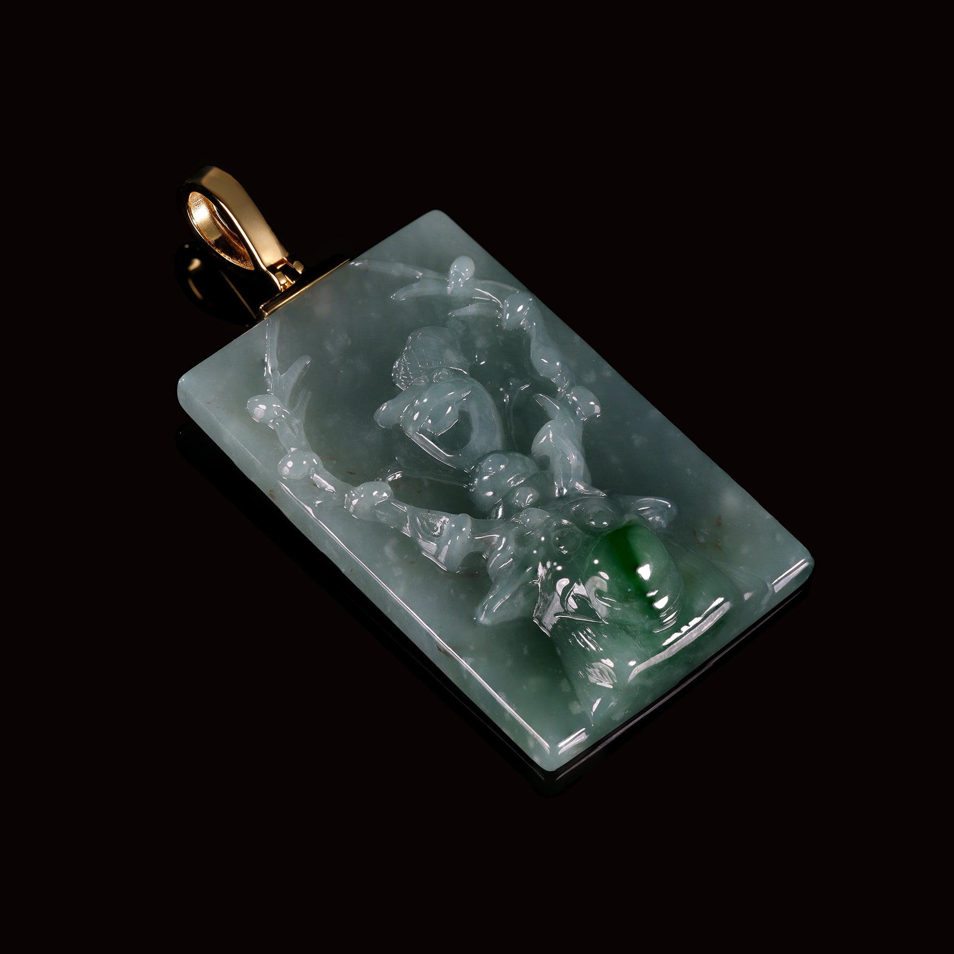 Natural Icy Jadeite Zhong Kui Tablet Pendant | Natural Green Splash | 18K Gold Bail - Grade A Natural Jade Jewelry