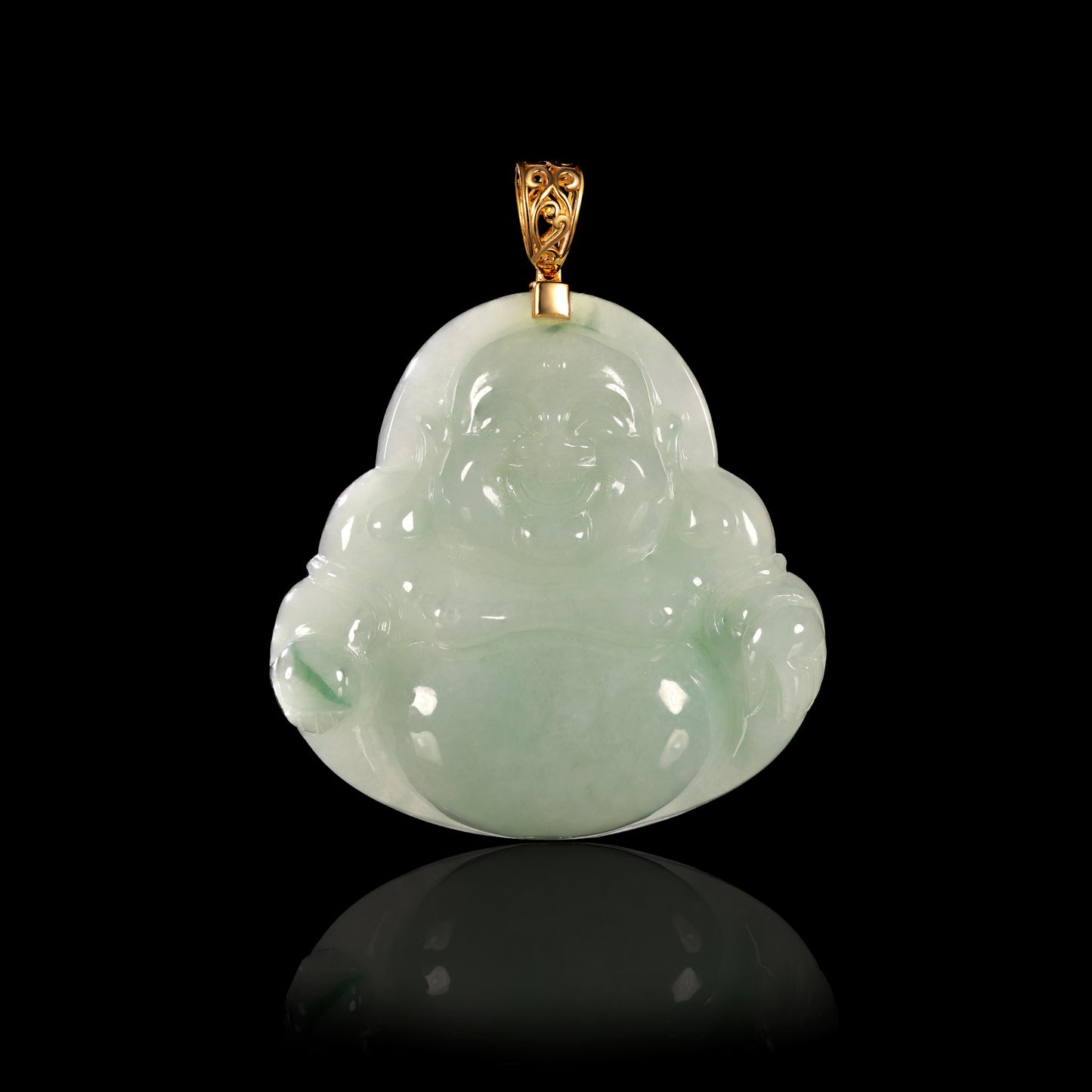 Natural Icy Jadeite Laughing Buddha Pendant | S925 Gold Filigree Bail - Certified Grade A jade pendant from Jadelume