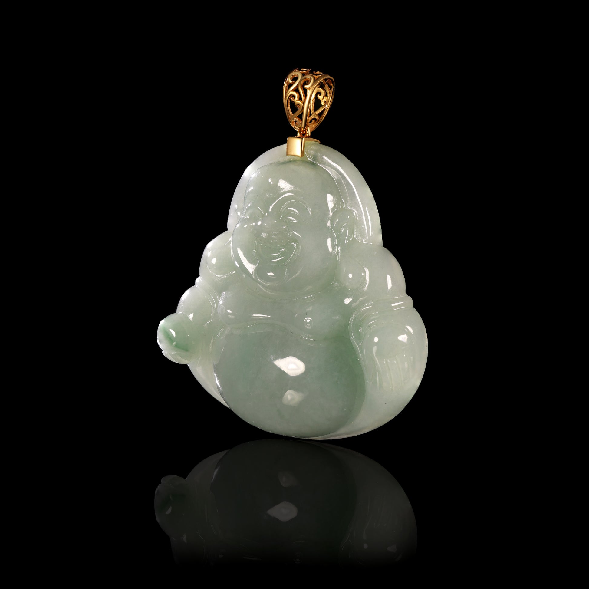 Natural Icy Jadeite Laughing Buddha Pendant | S925 Gold Filigree Bail - Grade A Natural Jade Jewelry