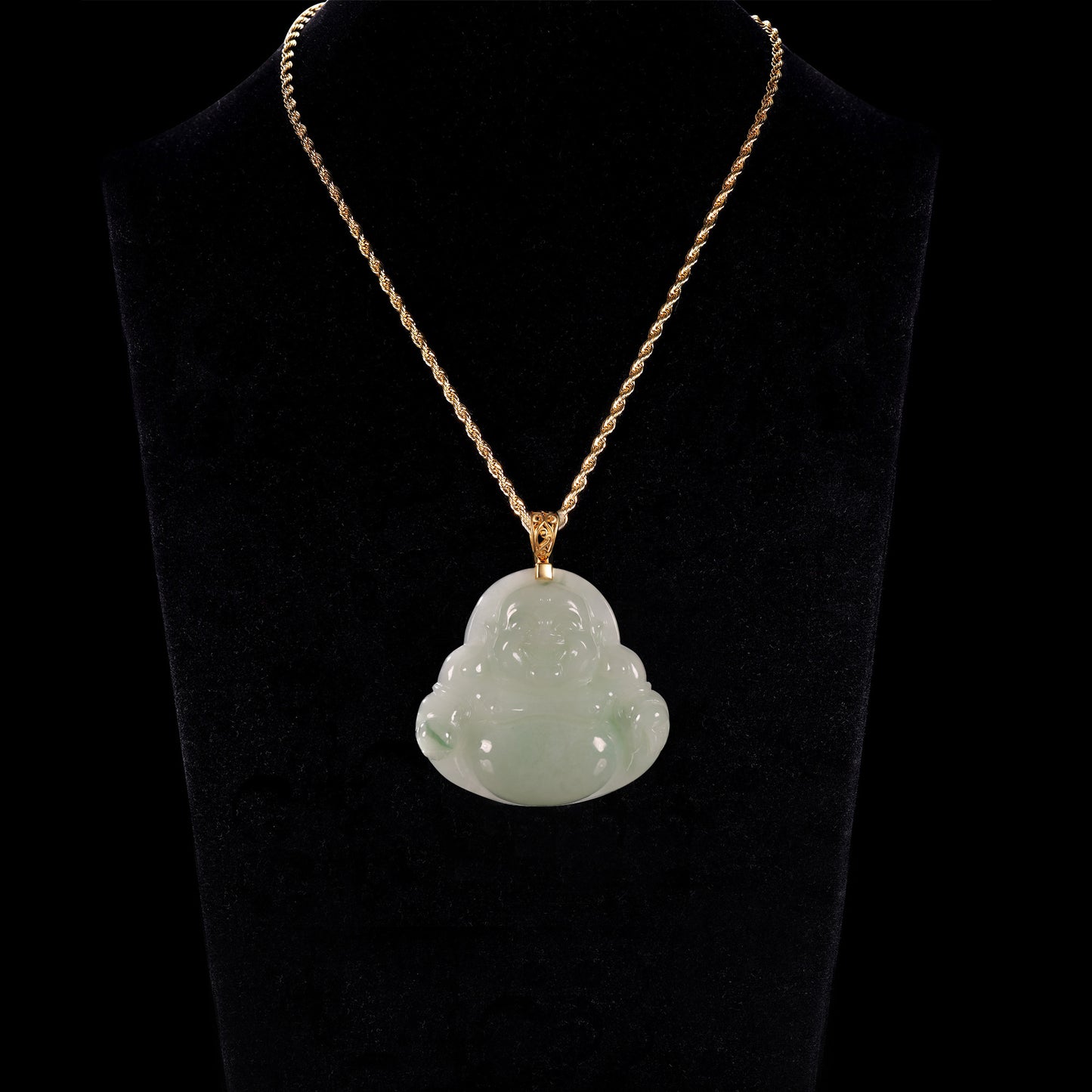 Natural Icy Jadeite Laughing Buddha Pendant | S925 Gold Filigree Bail - Grade A Natural Jade Jewelry