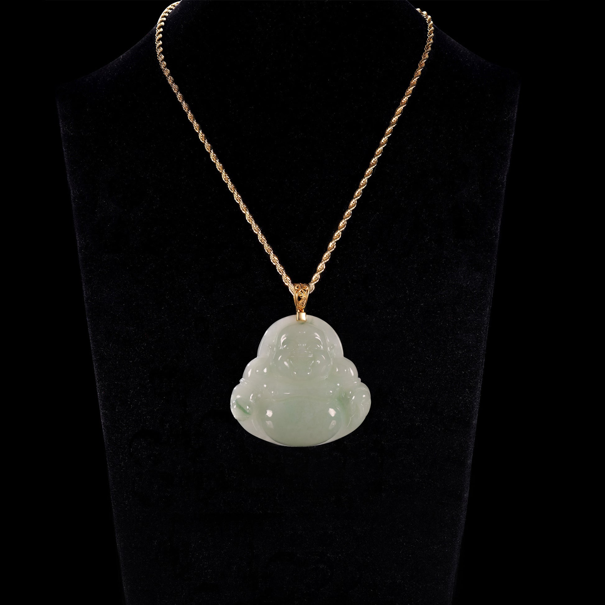 Natural Icy Jadeite Laughing Buddha Pendant | S925 Gold Filigree Bail - Grade A Natural Jade Jewelry