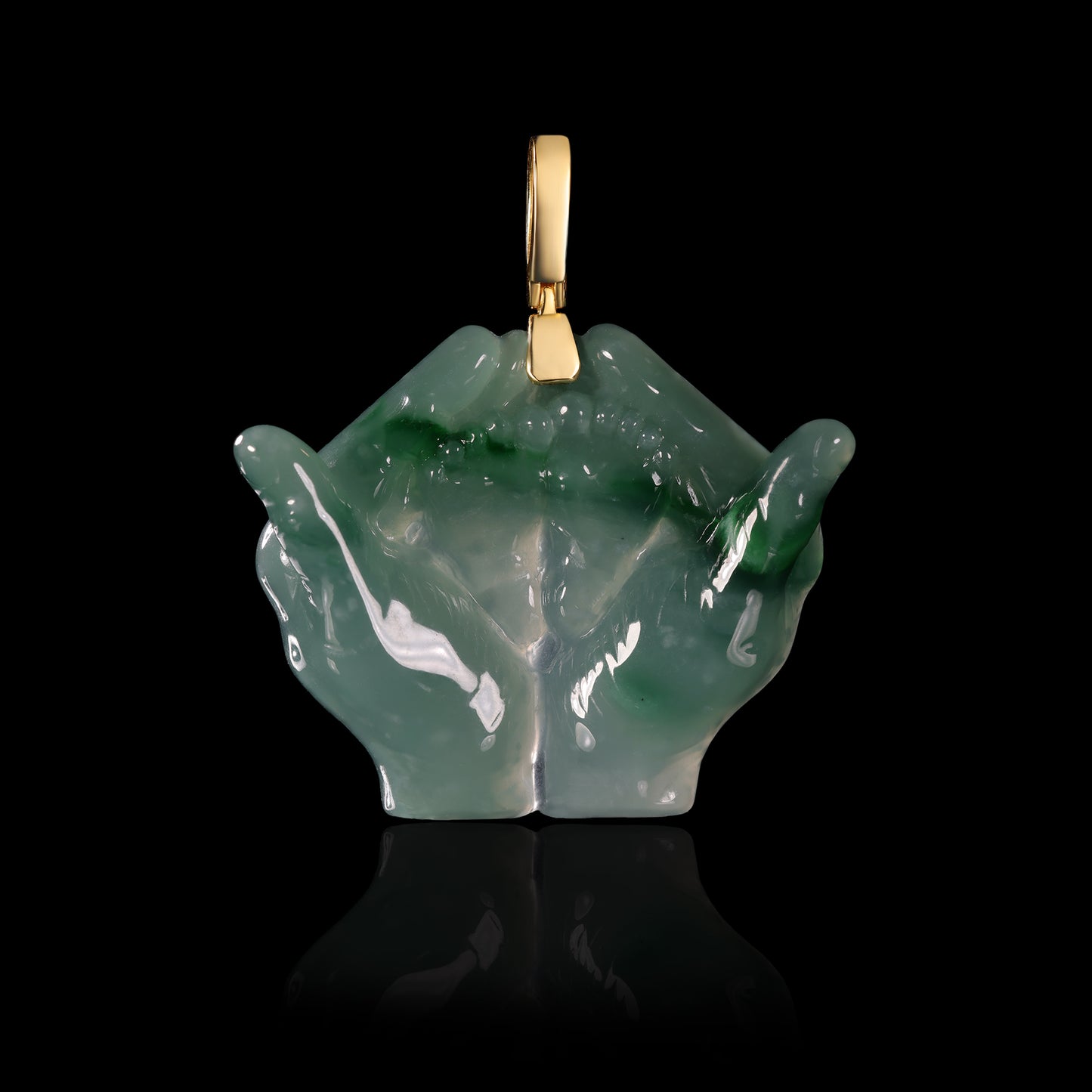Natural Icy Green Jadeite Buddha's Hand Pendant | Cupped Hands Carving | 18K Gold Bail - Certified Grade A jade pendant from Jadelume