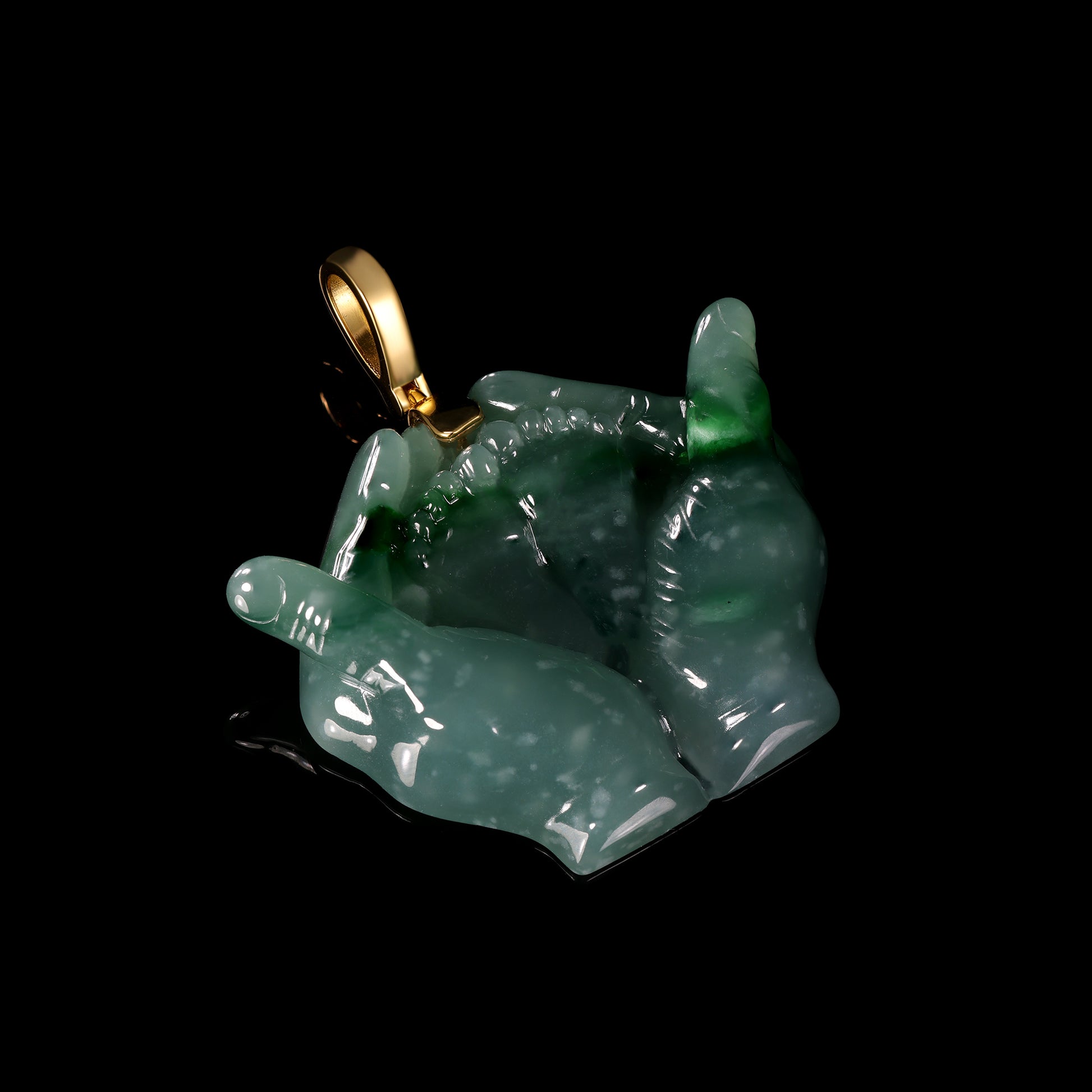 Natural Icy Green Jadeite Buddha's Hand Pendant | Cupped Hands Carving | 18K Gold Bail - Grade A Natural Jade Jewelry