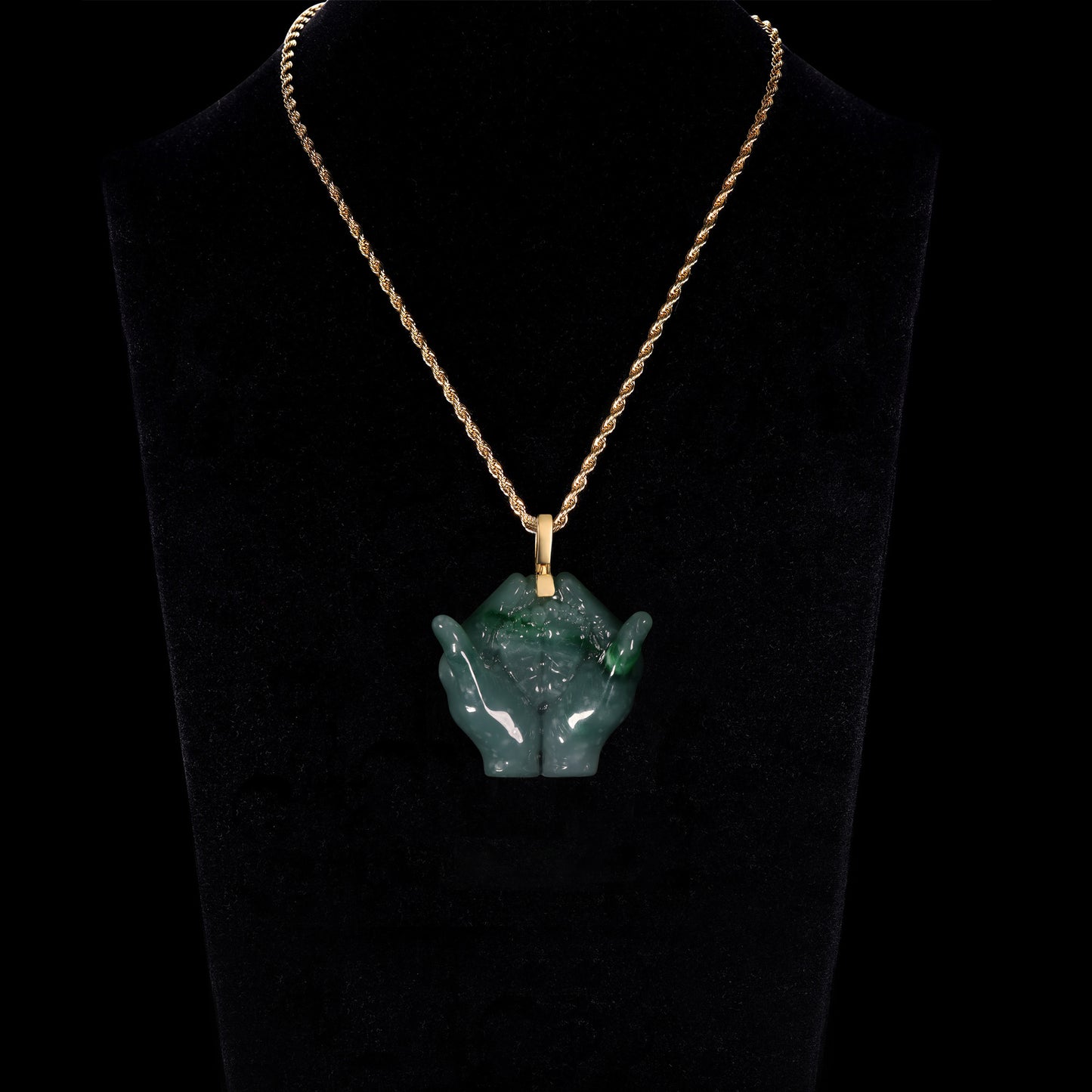 Natural Icy Green Jadeite Buddha's Hand Pendant | Cupped Hands Carving | 18K Gold Bail - Grade A Natural Jade Jewelry