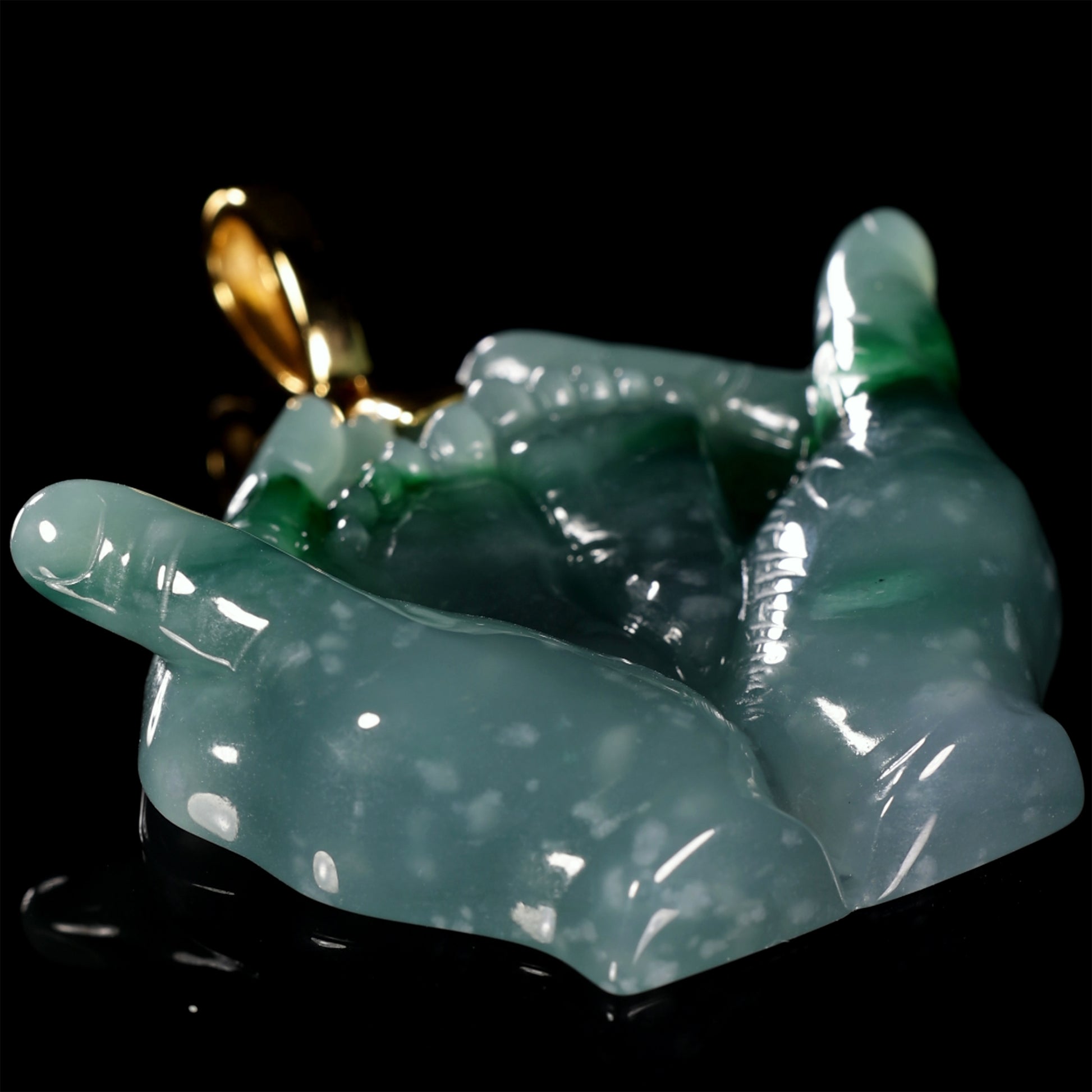 Natural Icy Green Jadeite Buddha's Hand Pendant | Cupped Hands Carving | 18K Gold Bail - Grade A Natural Jade Jewelry