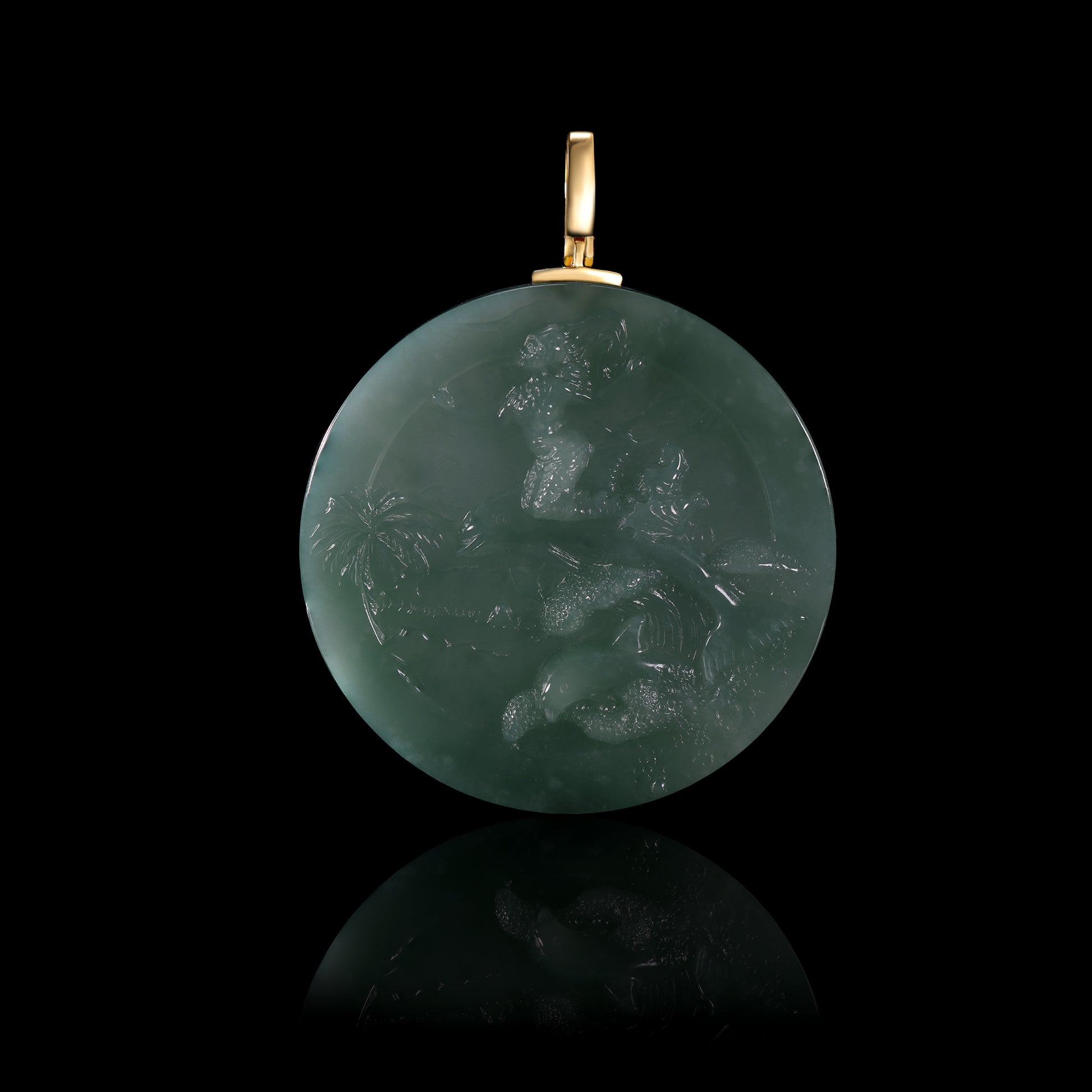 Natural Icy Jadeite Double-Sided Round Disc Pendant | Monkey & Bamboo / Dragon & Landscape | S925 Gold Bail - Certified Grade A jade pendant from Jadelume