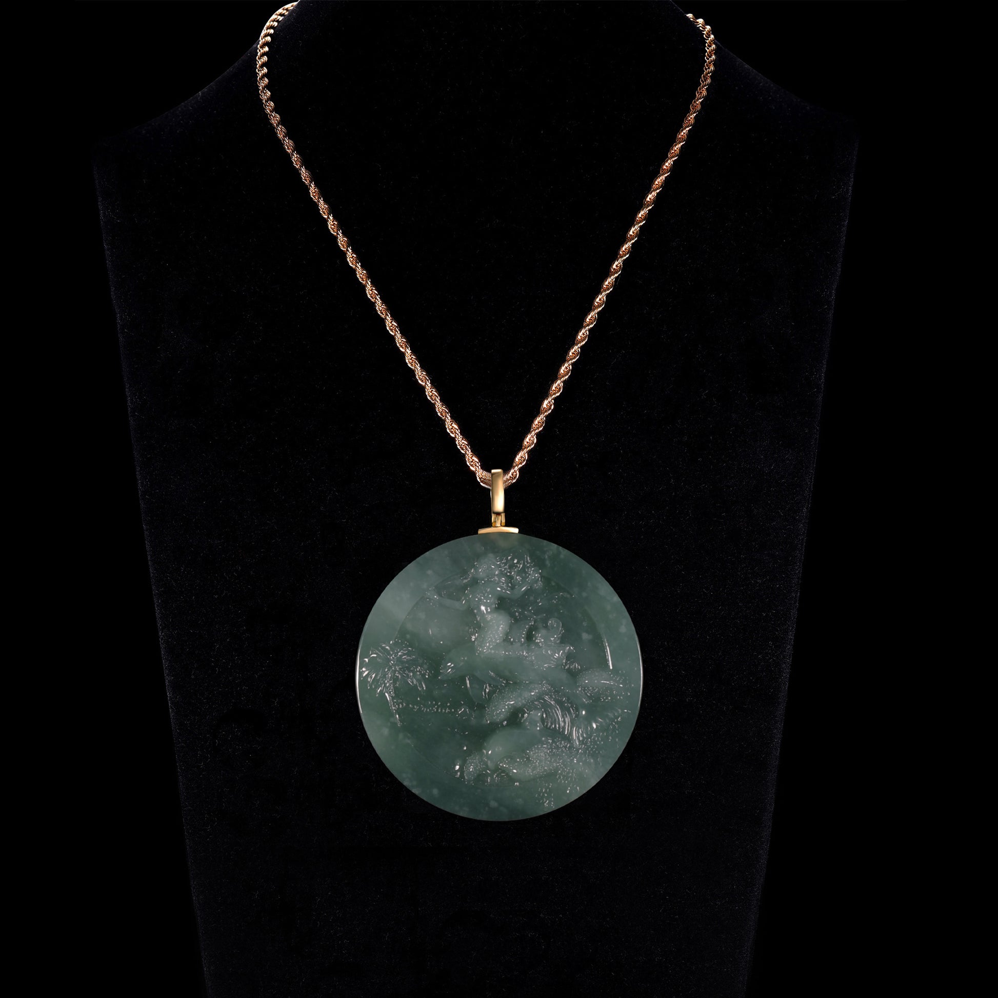 Natural Icy Jadeite Double-Sided Round Disc Pendant | Monkey & Bamboo / Dragon & Landscape | S925 Gold Bail - Grade A Natural Jade Jewelry