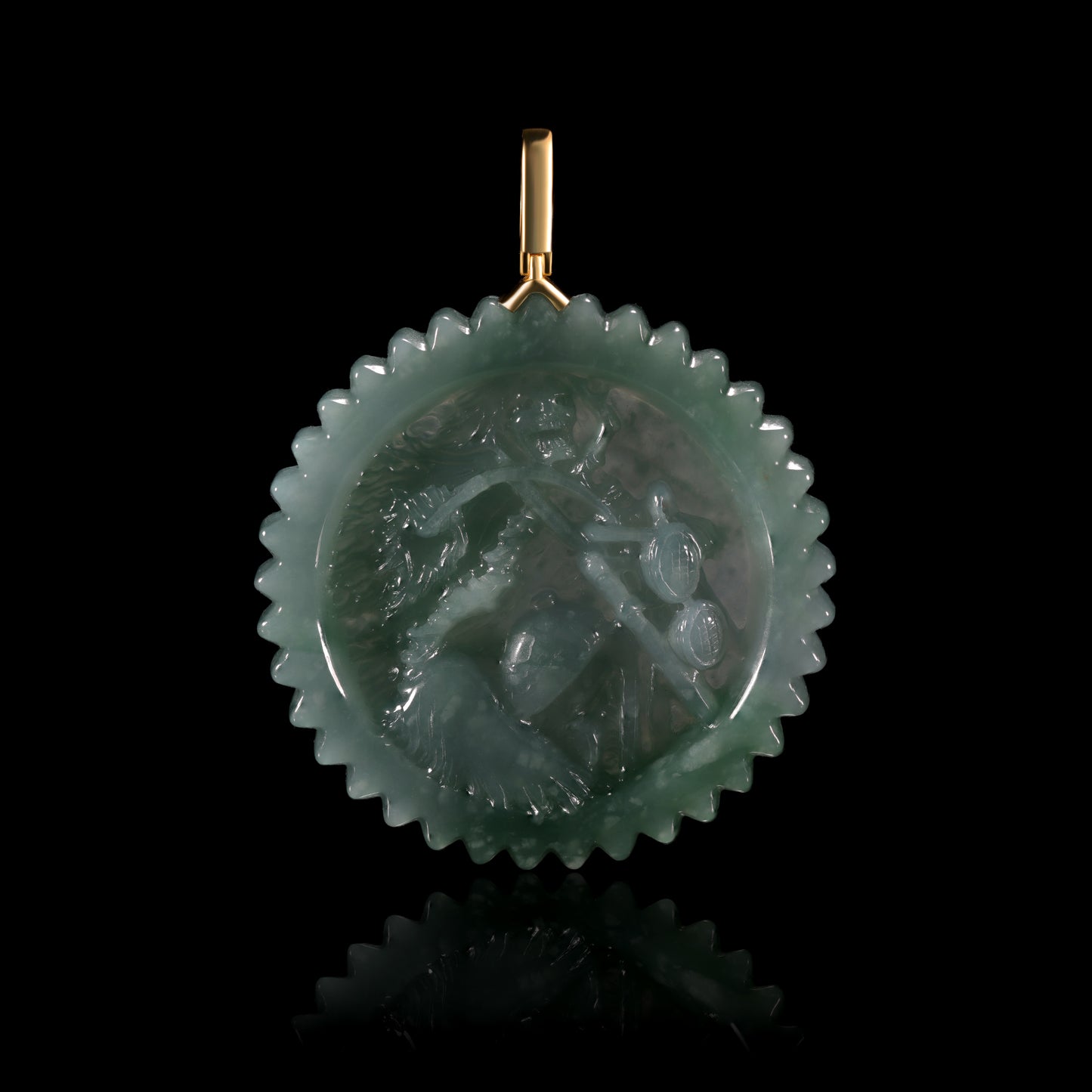 Natural Icy Jadeite Monkey & Peach Round Disc Pendant | Deep Relief Serrated Edge | 18K Gold Bail - Certified Grade A jade pendant from Jadelume