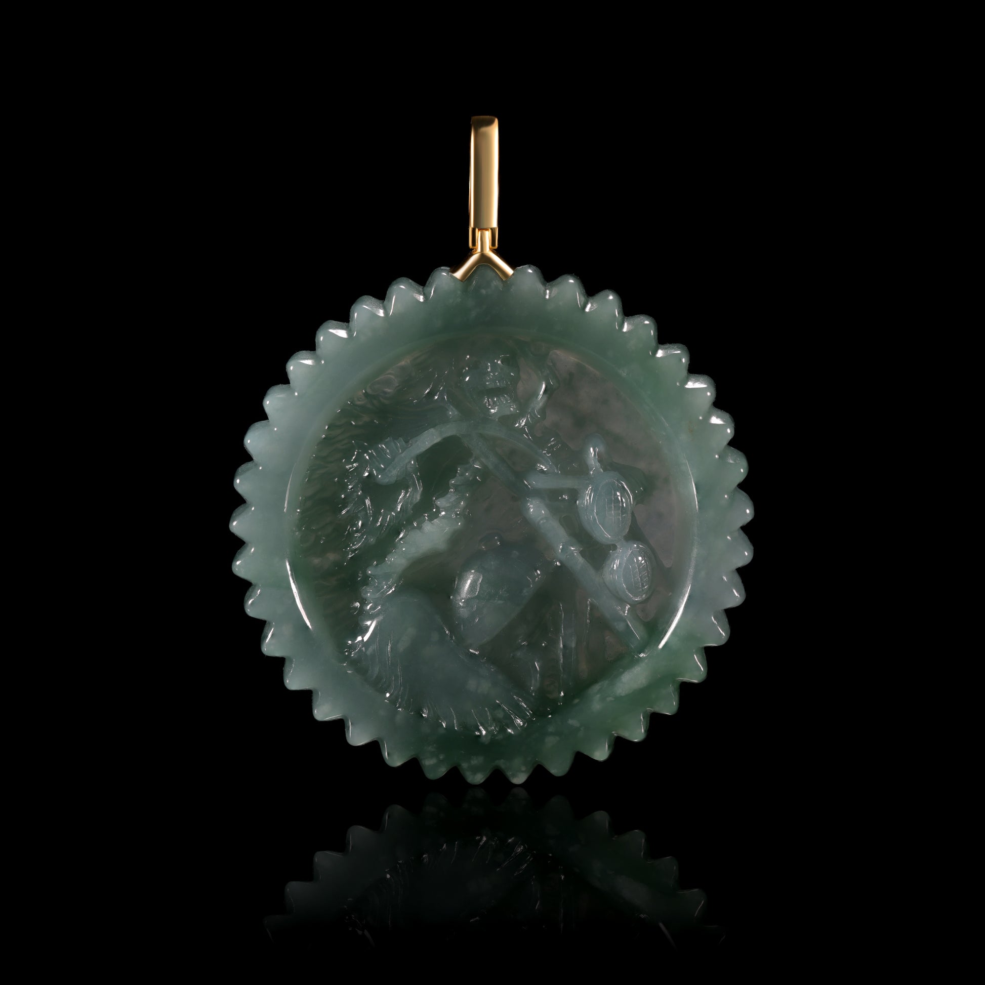 Natural Icy Jadeite Monkey & Peach Round Disc Pendant | Deep Relief Serrated Edge | 18K Gold Bail - Certified Grade A jade pendant from Jadelume