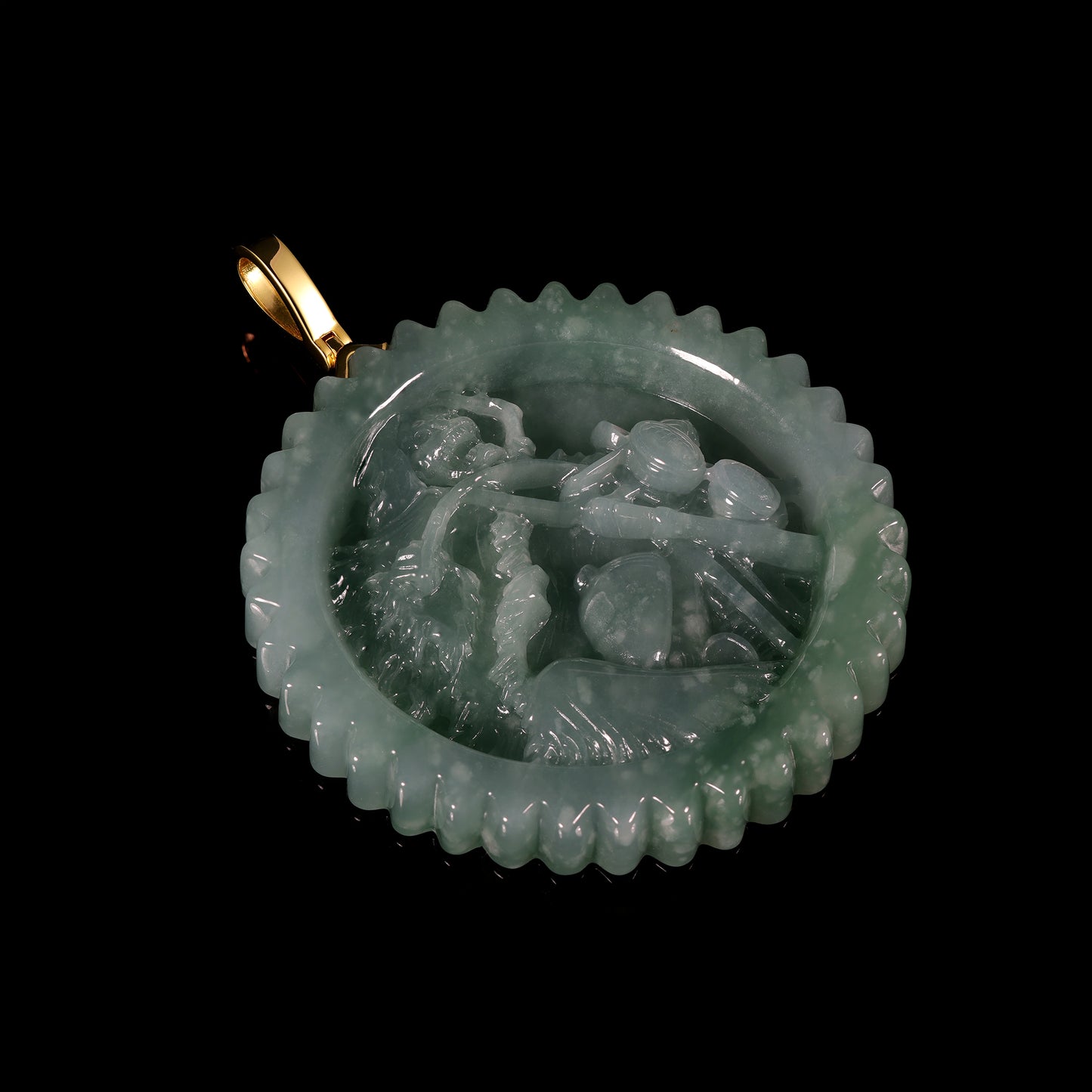 Natural Icy Jadeite Monkey & Peach Round Disc Pendant | Deep Relief Serrated Edge | 18K Gold Bail - Grade A Natural Jade Jewelry