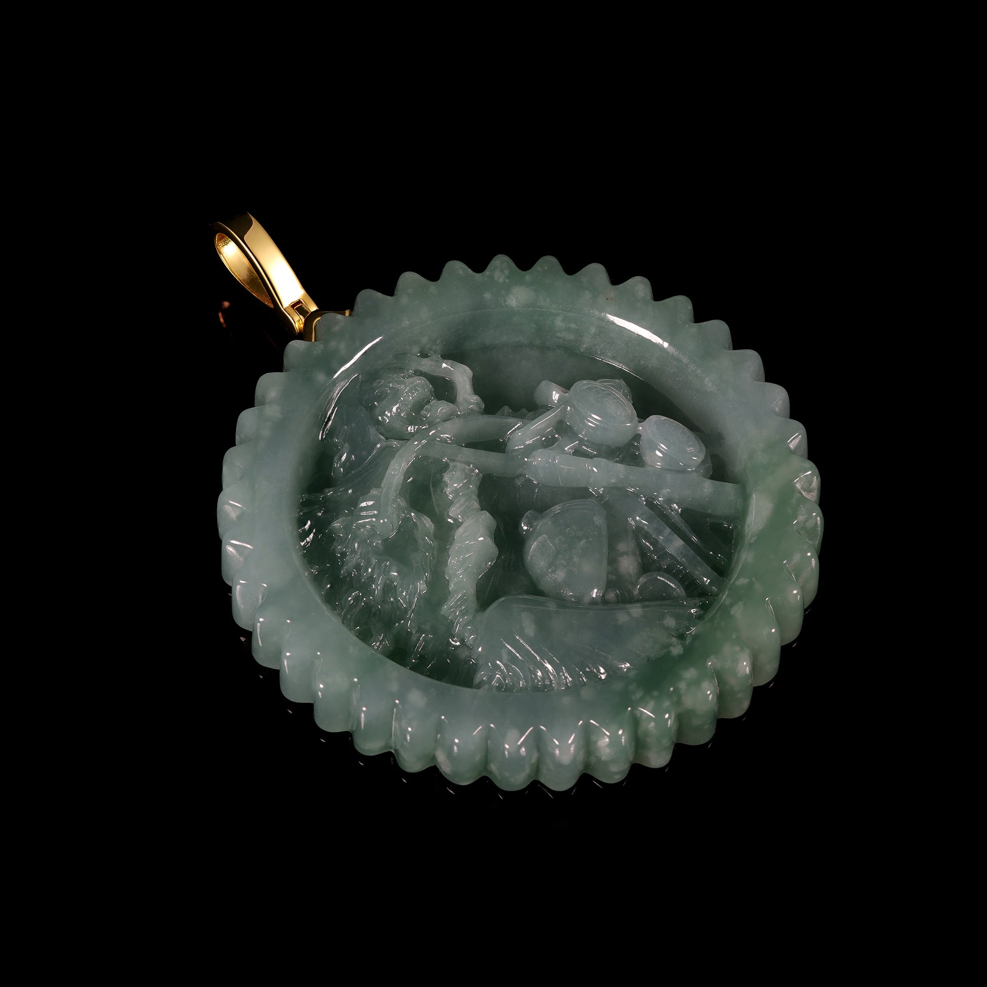Natural Icy Jadeite Monkey & Peach Round Disc Pendant | Deep Relief Serrated Edge | 18K Gold Bail - Grade A Natural Jade Jewelry