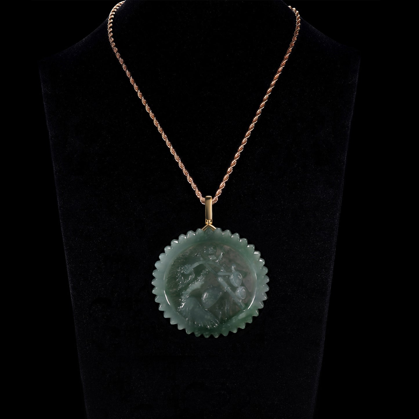Natural Icy Jadeite Monkey & Peach Round Disc Pendant | Deep Relief Serrated Edge | 18K Gold Bail - Grade A Natural Jade Jewelry