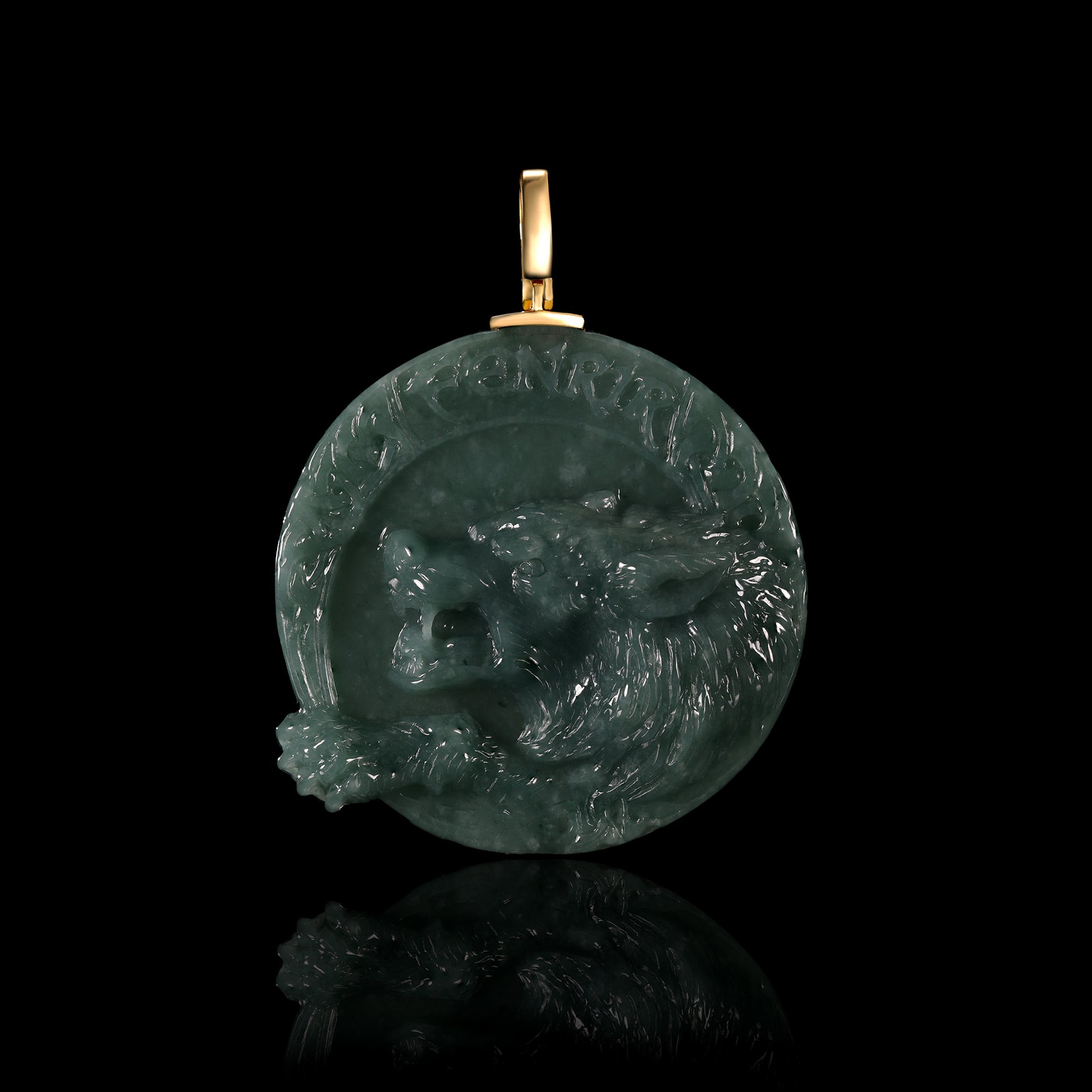 Natural Icy Jadeite Coiled Tiger Round Disc Pendant | Deep Relief Carving | 18K Gold Bail - Certified Grade A jade pendant from Jadelume