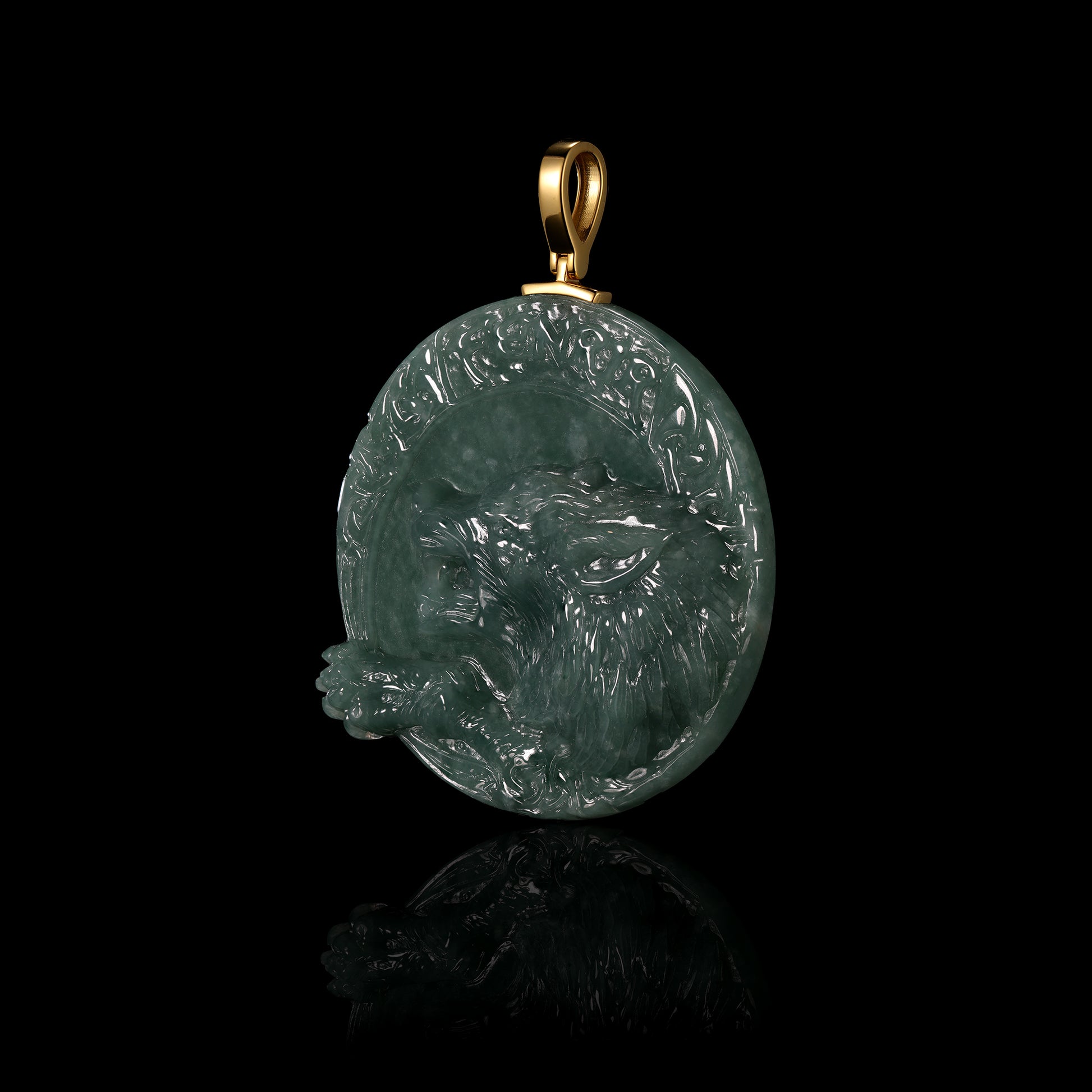 Natural Icy Jadeite Coiled Tiger Round Disc Pendant | Deep Relief Carving | 18K Gold Bail - Grade A Natural Jade Jewelry