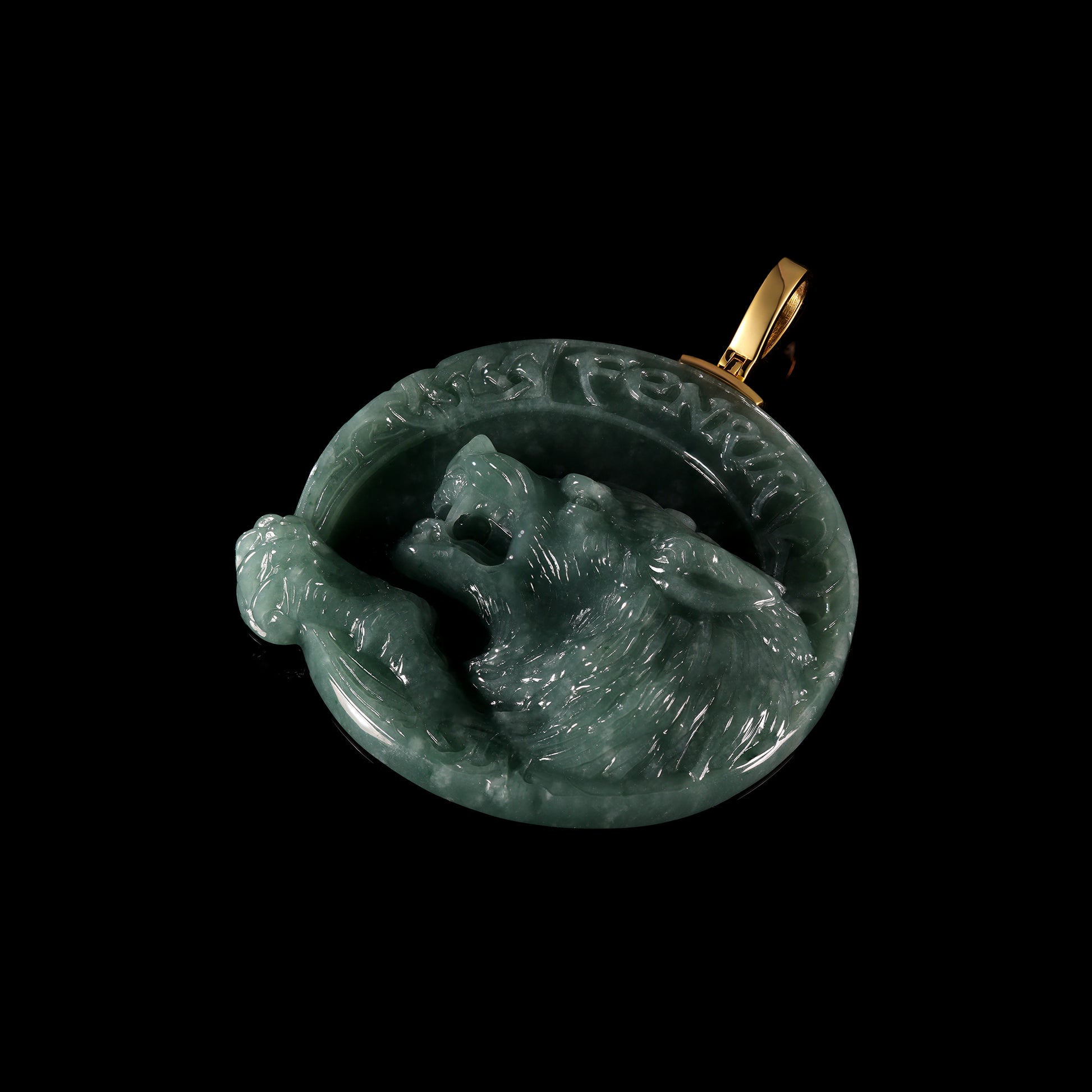 Natural Icy Jadeite Coiled Tiger Round Disc Pendant | Deep Relief Carving | 18K Gold Bail - Grade A Natural Jade Jewelry