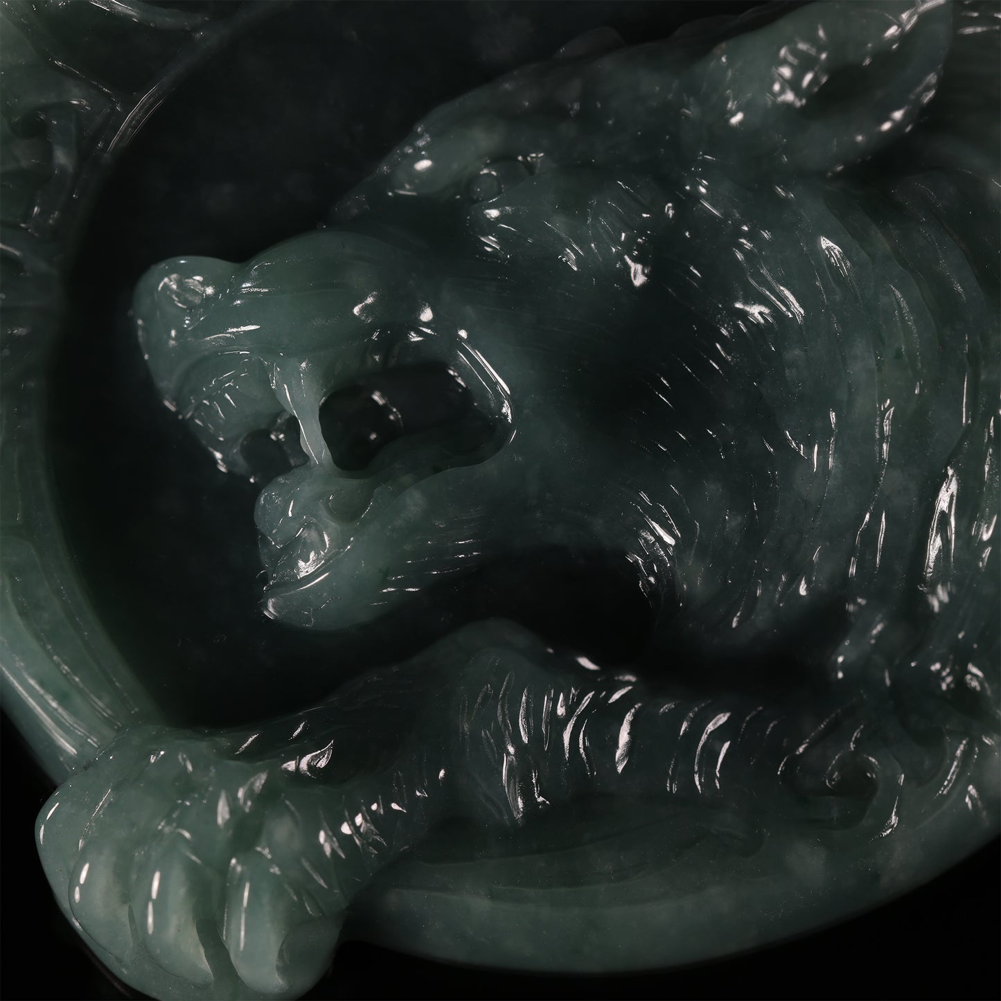 Natural Icy Jadeite Coiled Tiger Round Disc Pendant | Deep Relief Carving | 18K Gold Bail - Grade A Natural Jade Jewelry