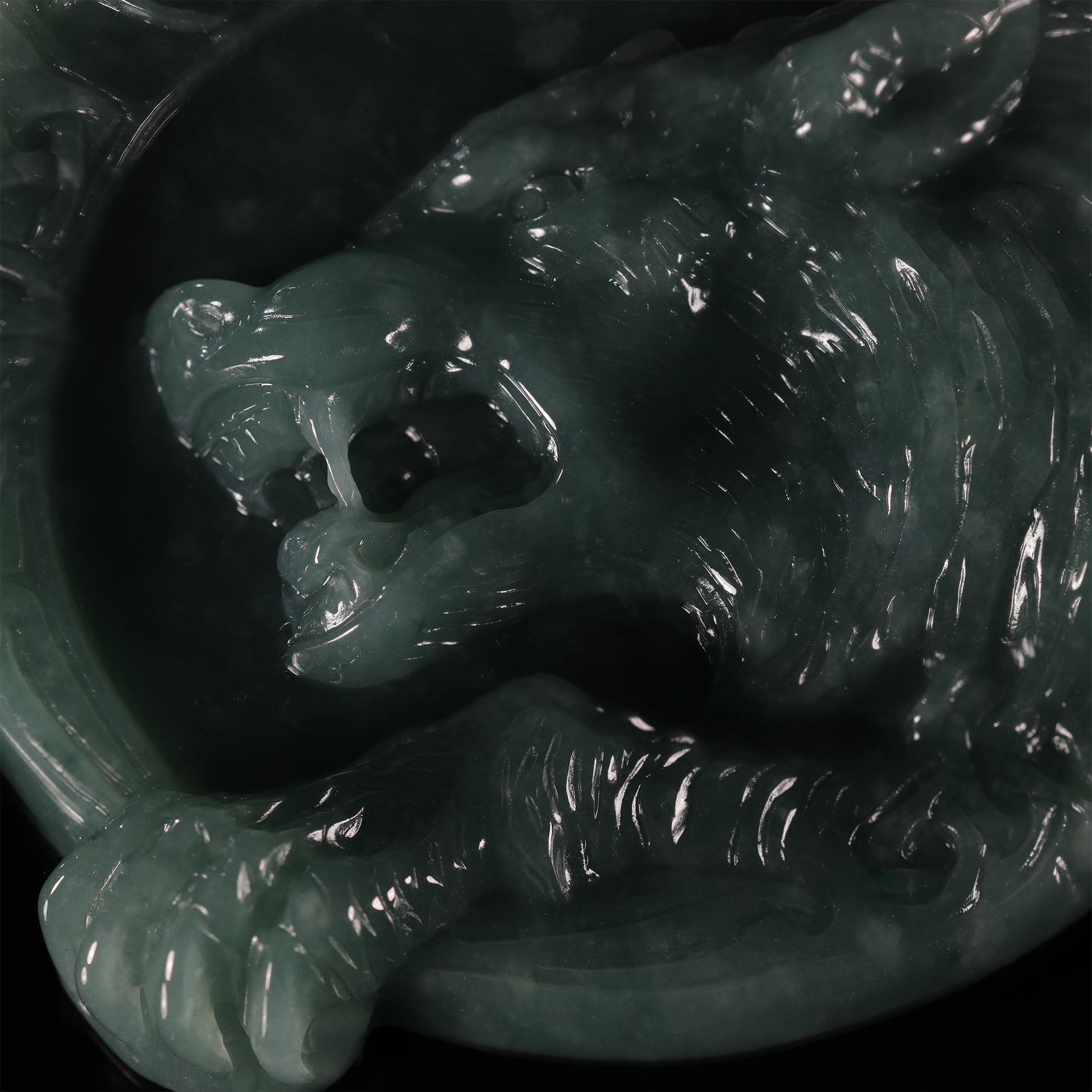 Natural Icy Jadeite Coiled Tiger Round Disc Pendant | Deep Relief Carving | 18K Gold Bail - Grade A Natural Jade Jewelry