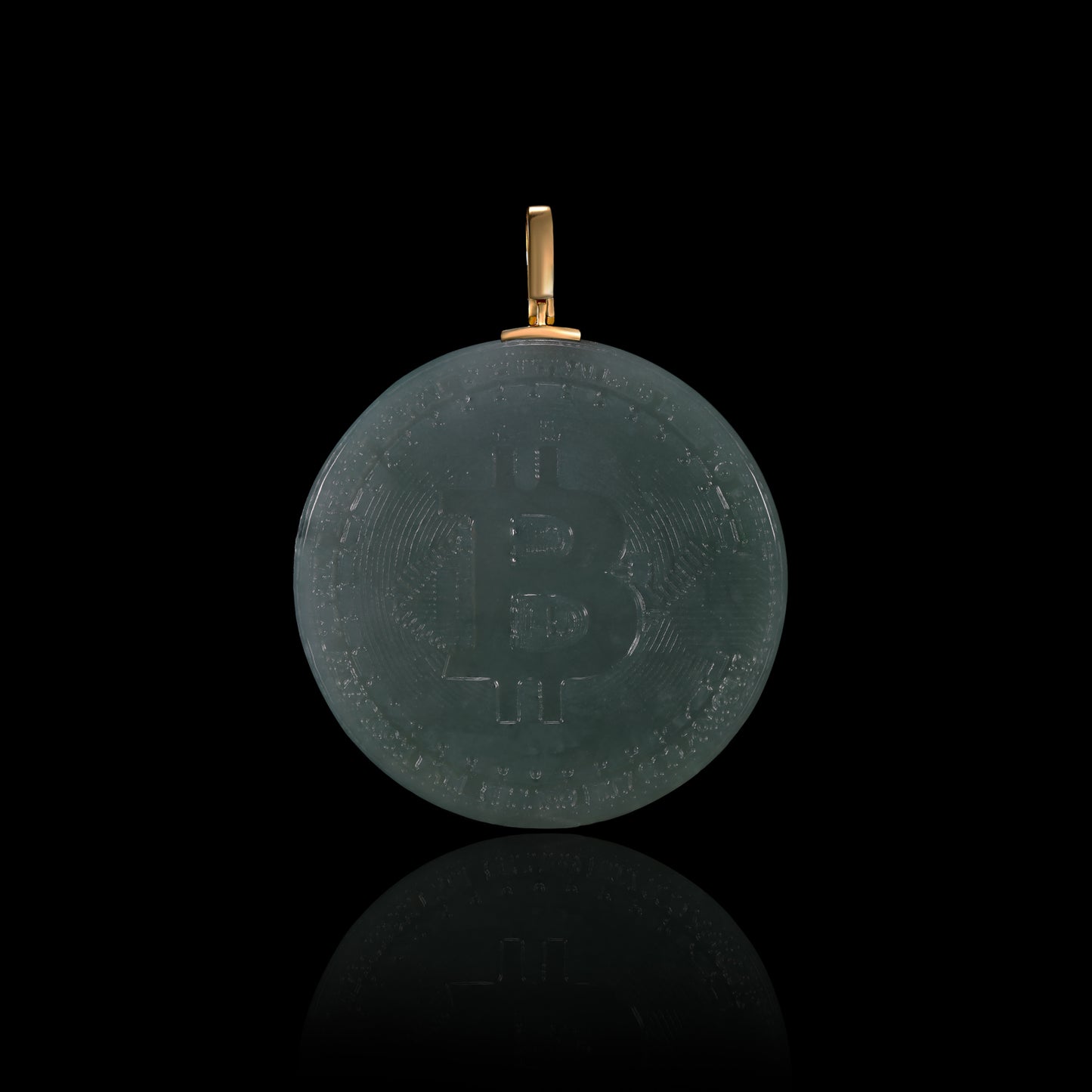 Natural Icy Jadeite Bitcoin Coin Round Disc Pendant | BTC Engraved | 18K Gold Bail - Certified Grade A jade pendant from Jadelume