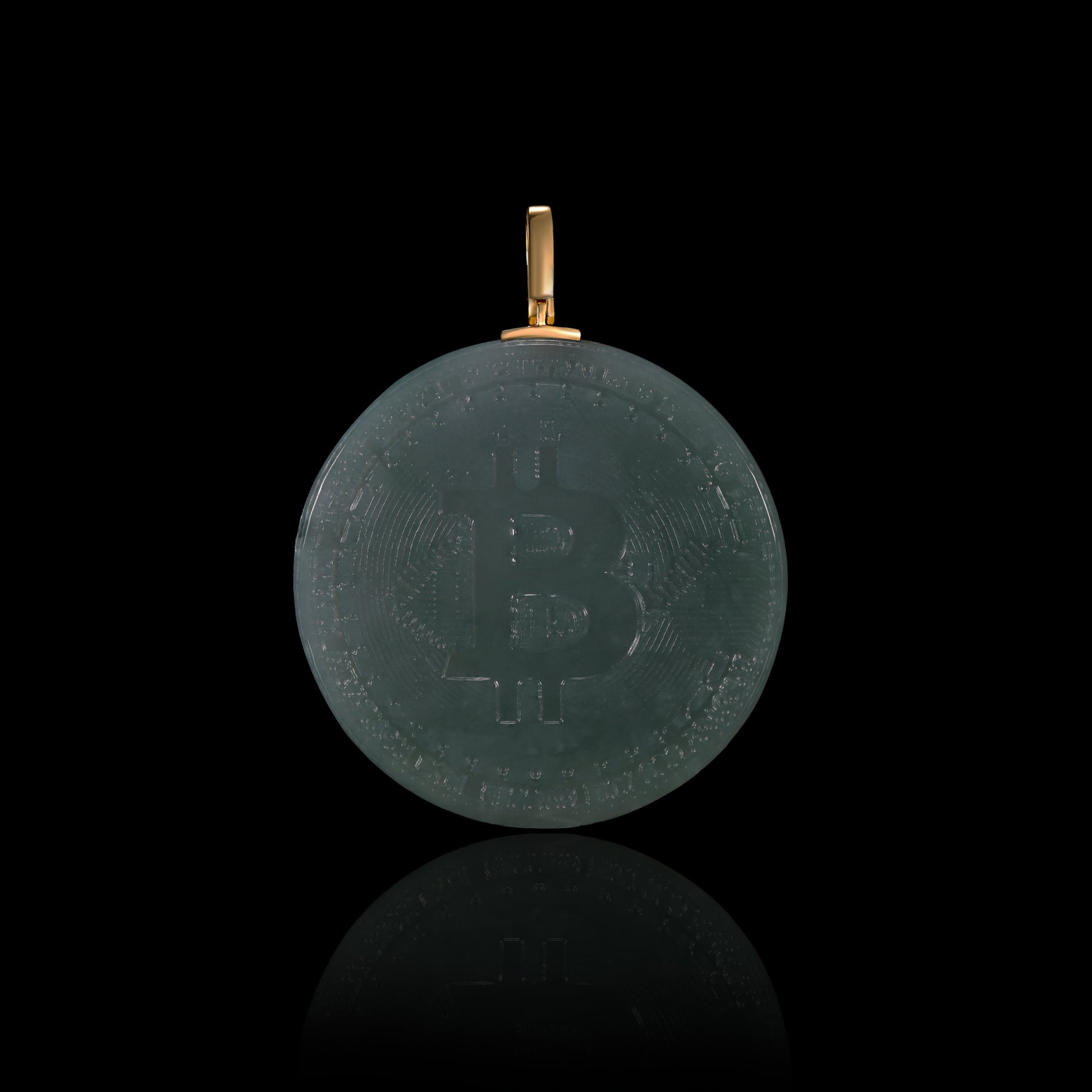 Natural Icy Jadeite Bitcoin Coin Round Disc Pendant | BTC Engraved | 18K Gold Bail - Certified Grade A jade pendant from Jadelume