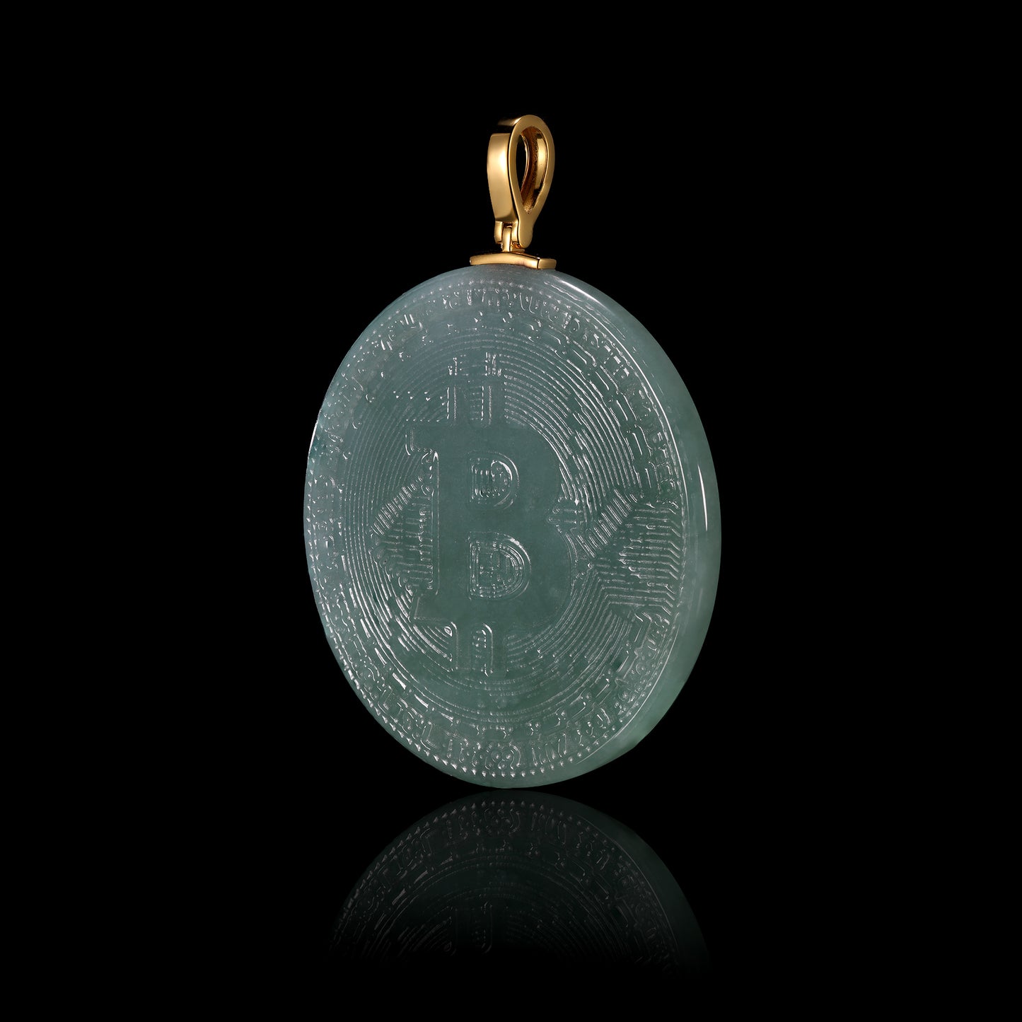 Natural Icy Jadeite Bitcoin Coin Round Disc Pendant | BTC Engraved | 18K Gold Bail - Grade A Natural Jade Jewelry