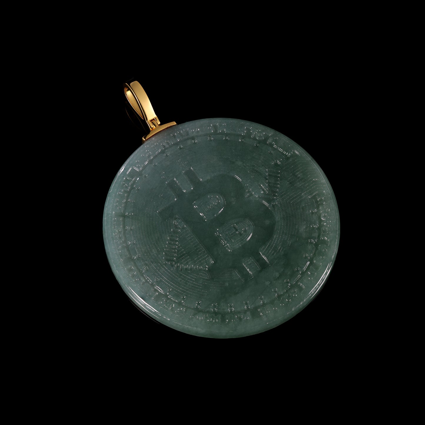 Natural Icy Jadeite Bitcoin Coin Round Disc Pendant | BTC Engraved | 18K Gold Bail - Grade A Natural Jade Jewelry